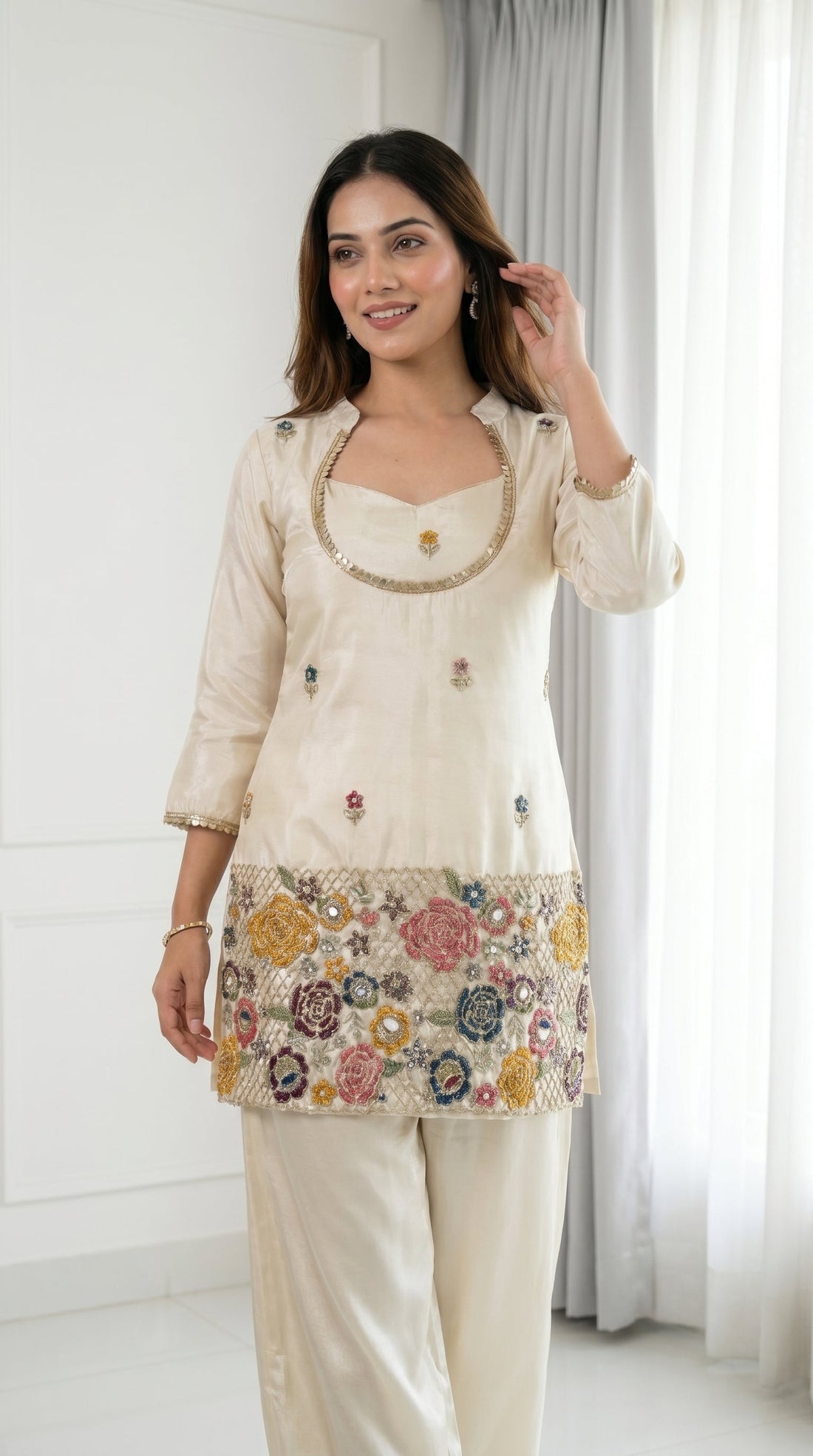 Ivory Cream Embroidered Kurta Set with Bustier & Palazzo for Women | Festive Ethnic Wear