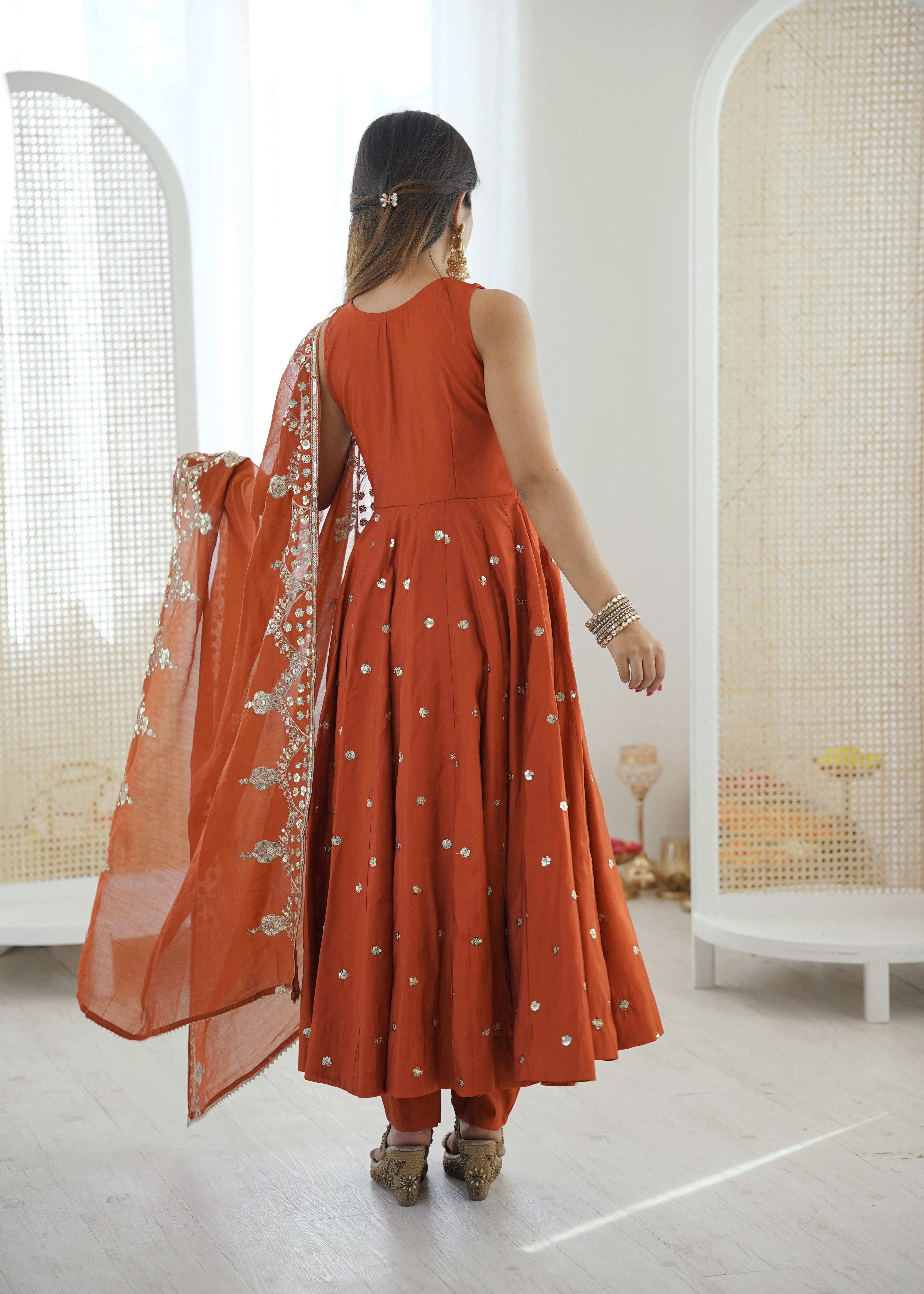 Silk Anarkali Gown Set Featuring Intricate Mirror-Work Embroidery