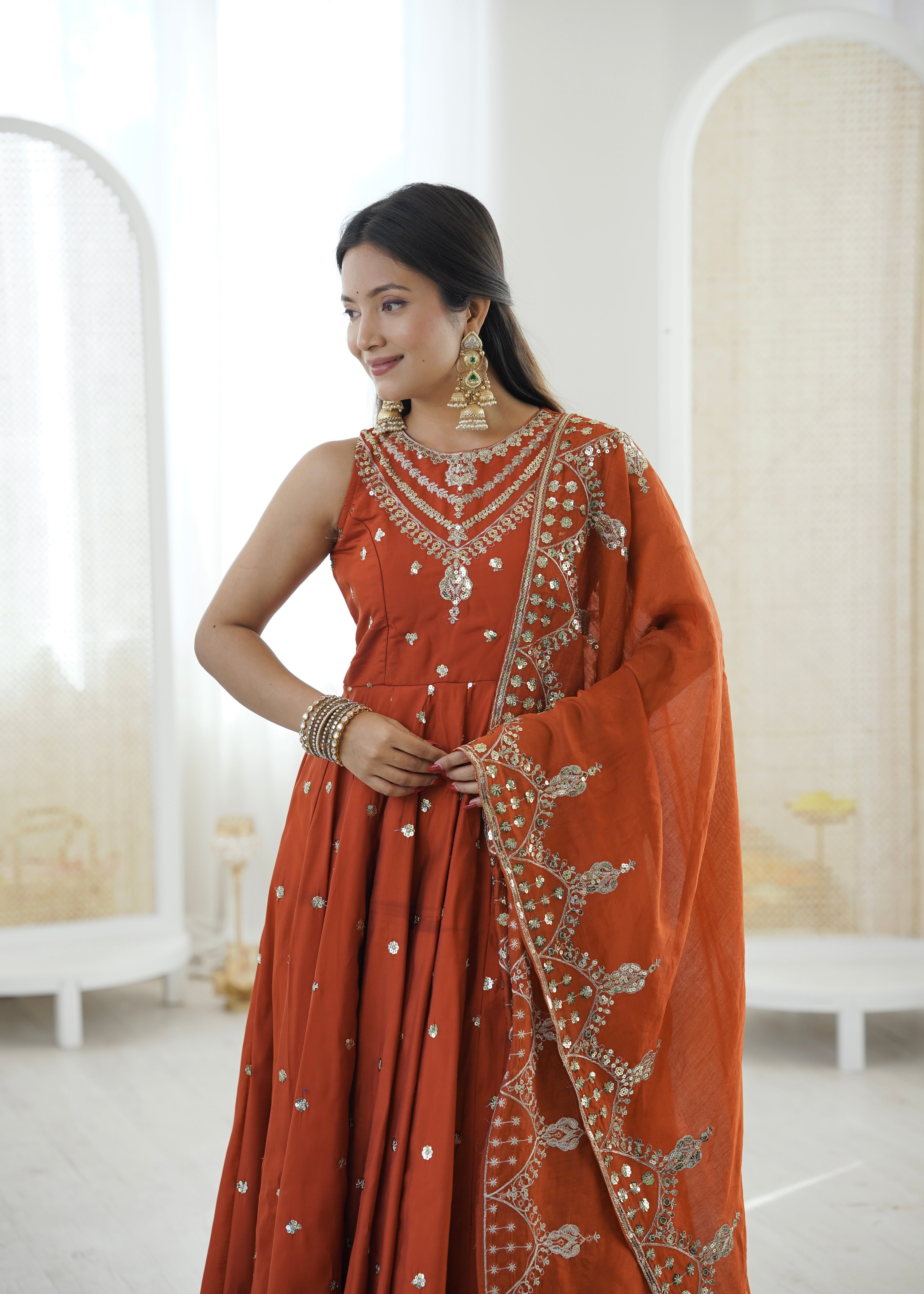 Silk Anarkali Gown Set Featuring Intricate Mirror-Work Embroidery