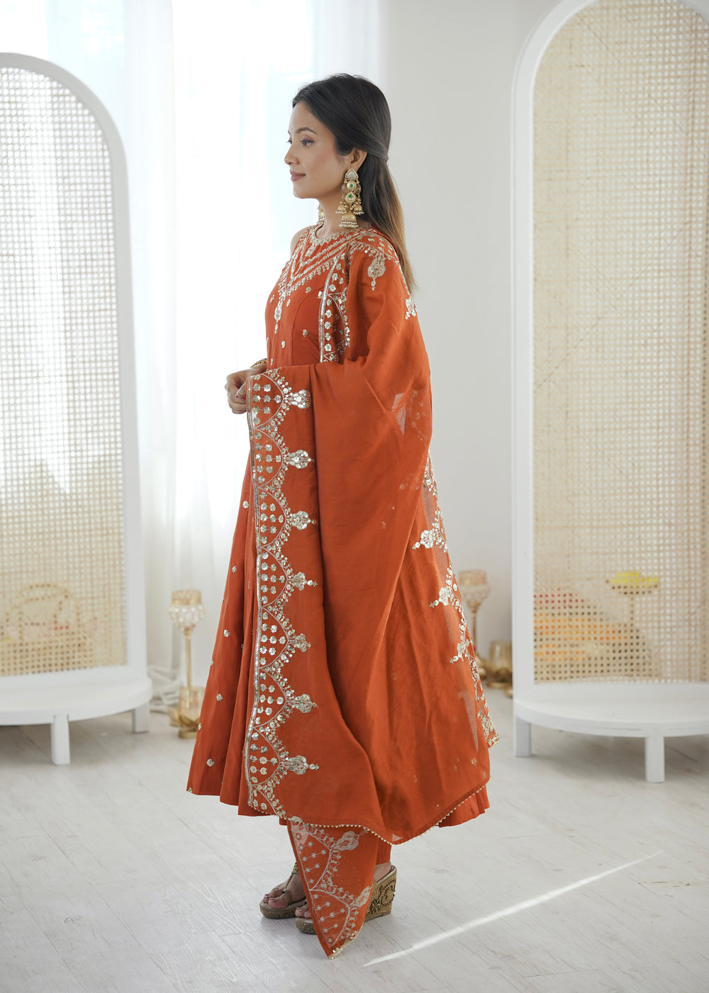 Silk Anarkali Gown Set Featuring Intricate Mirror-Work Embroidery