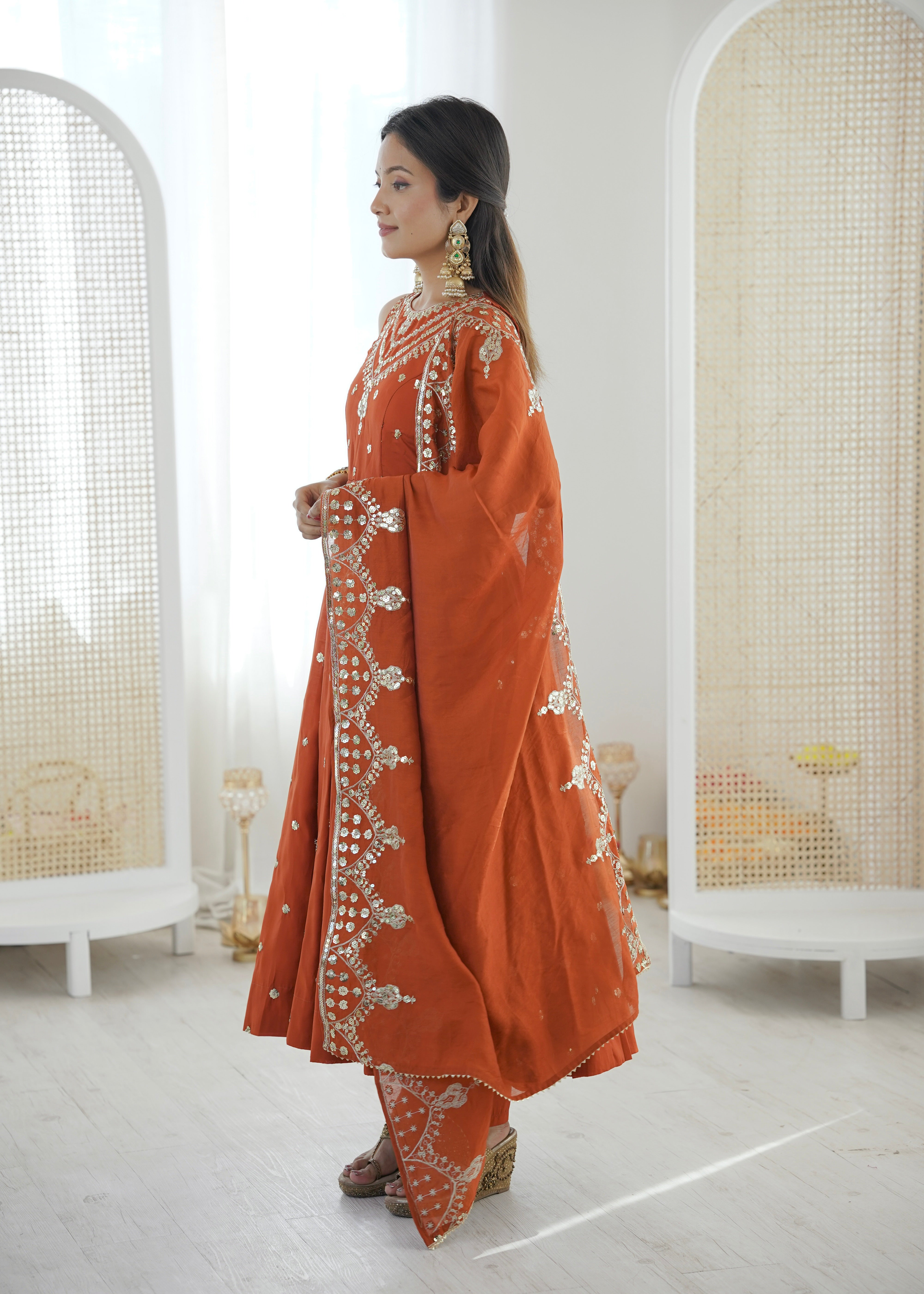 Silk Anarkali Gown Set Featuring Intricate Mirror-Work Embroidery