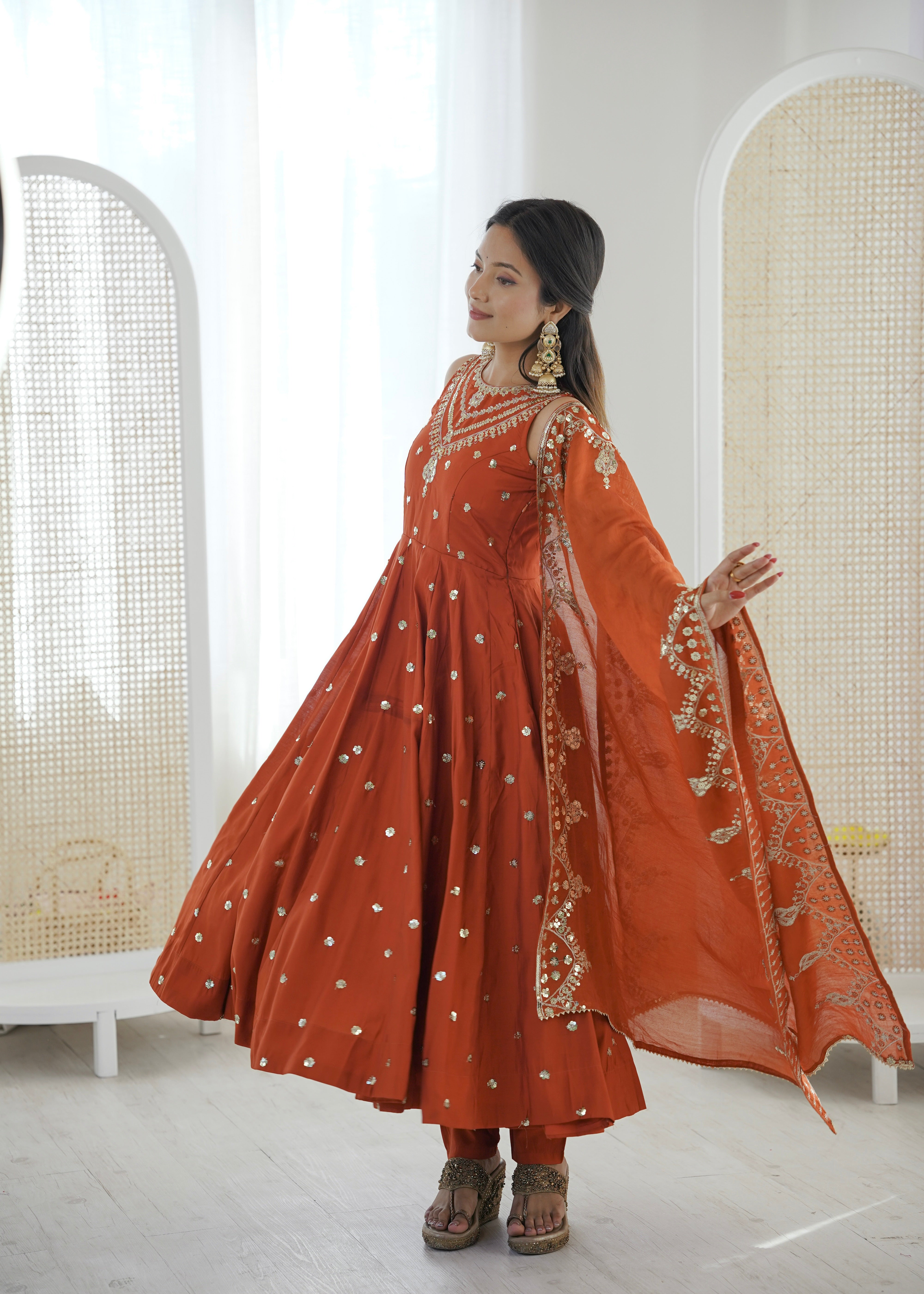 Silk Anarkali Gown Set Featuring Intricate Mirror-Work Embroidery