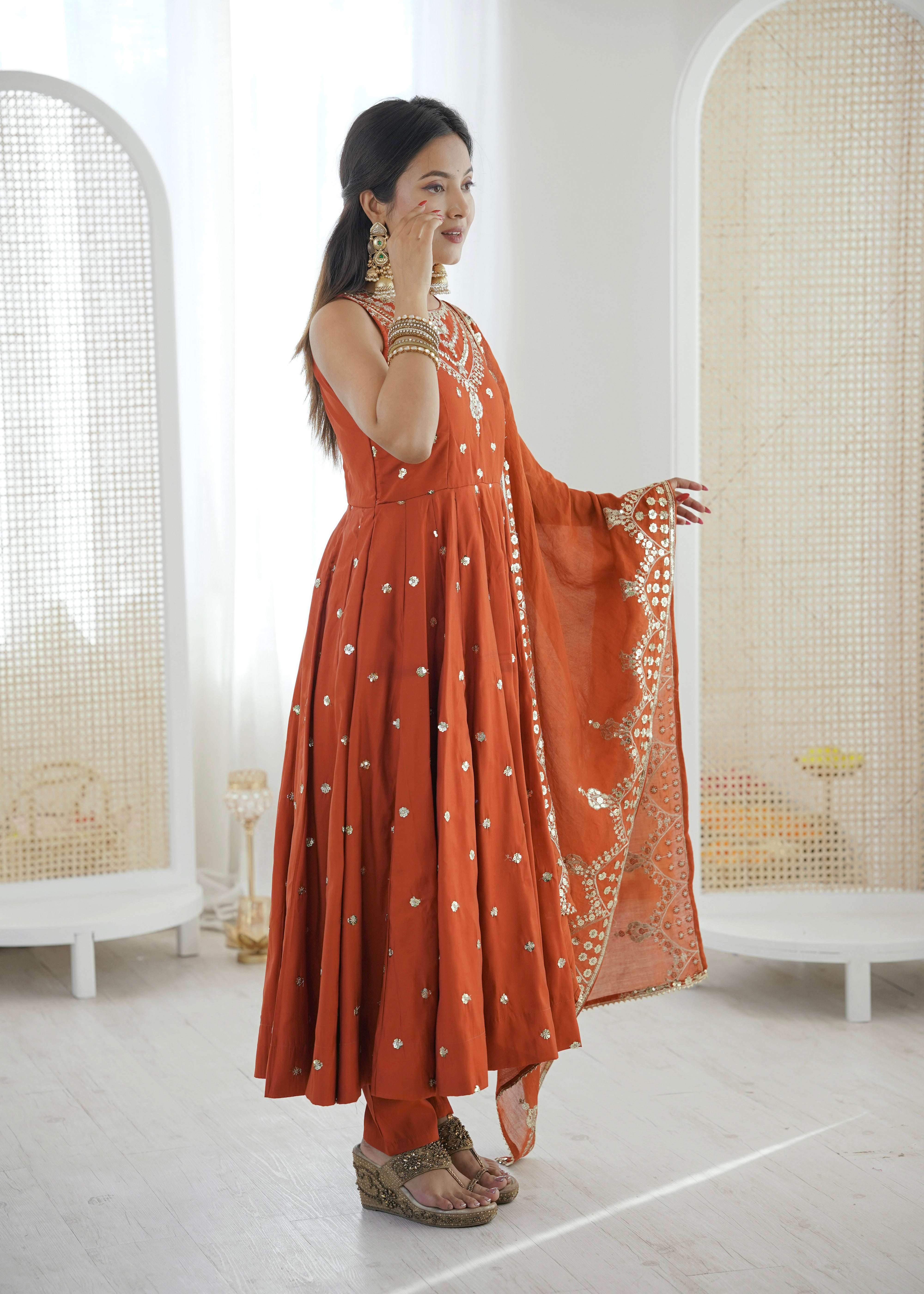 Silk Anarkali Gown Set Featuring Intricate Mirror-Work Embroidery