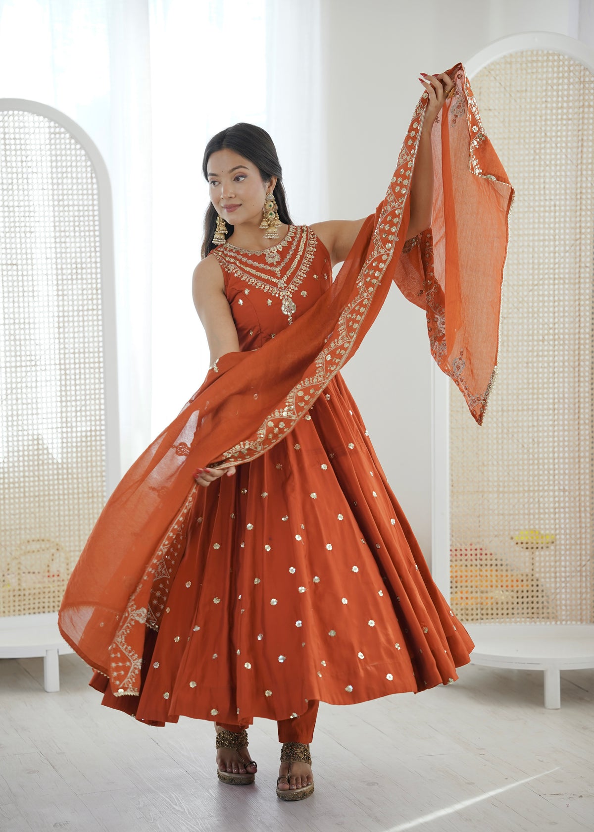 Silk Anarkali Gown Set Featuring Intricate Mirror-Work Embroidery