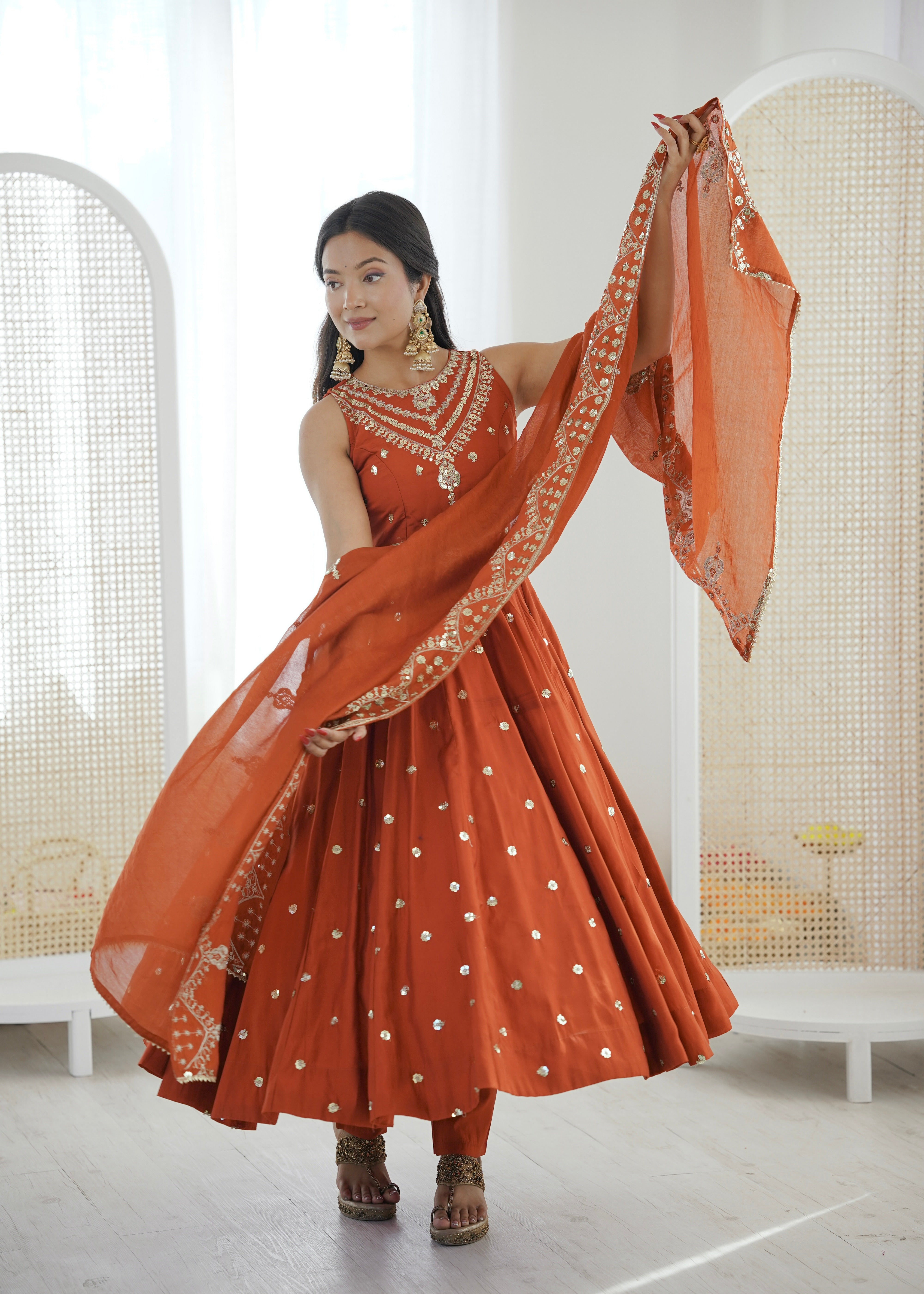 Silk Anarkali Gown Set Featuring Intricate Mirror-Work Embroidery