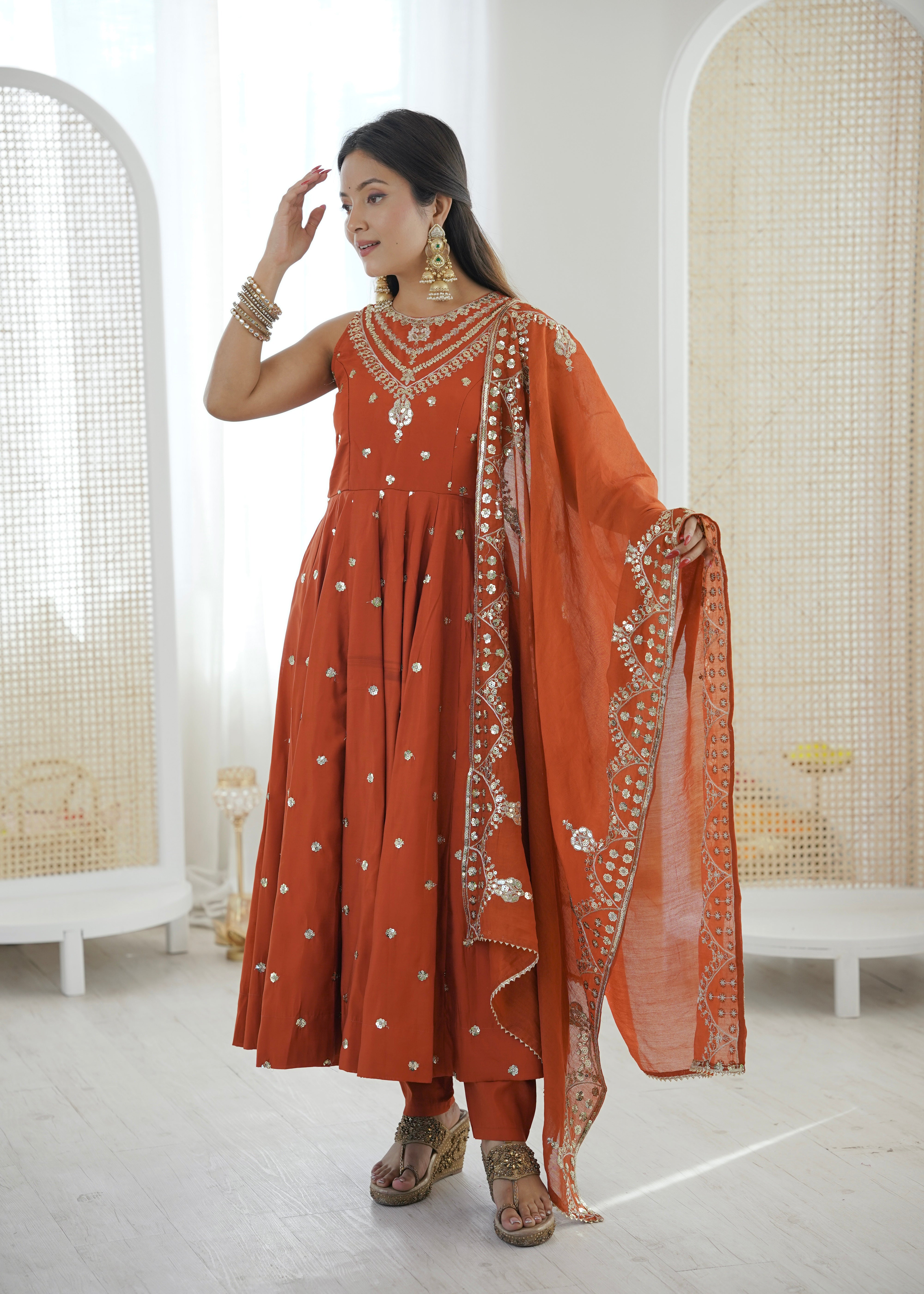 Silk Anarkali Gown Set Featuring Intricate Mirror-Work Embroidery