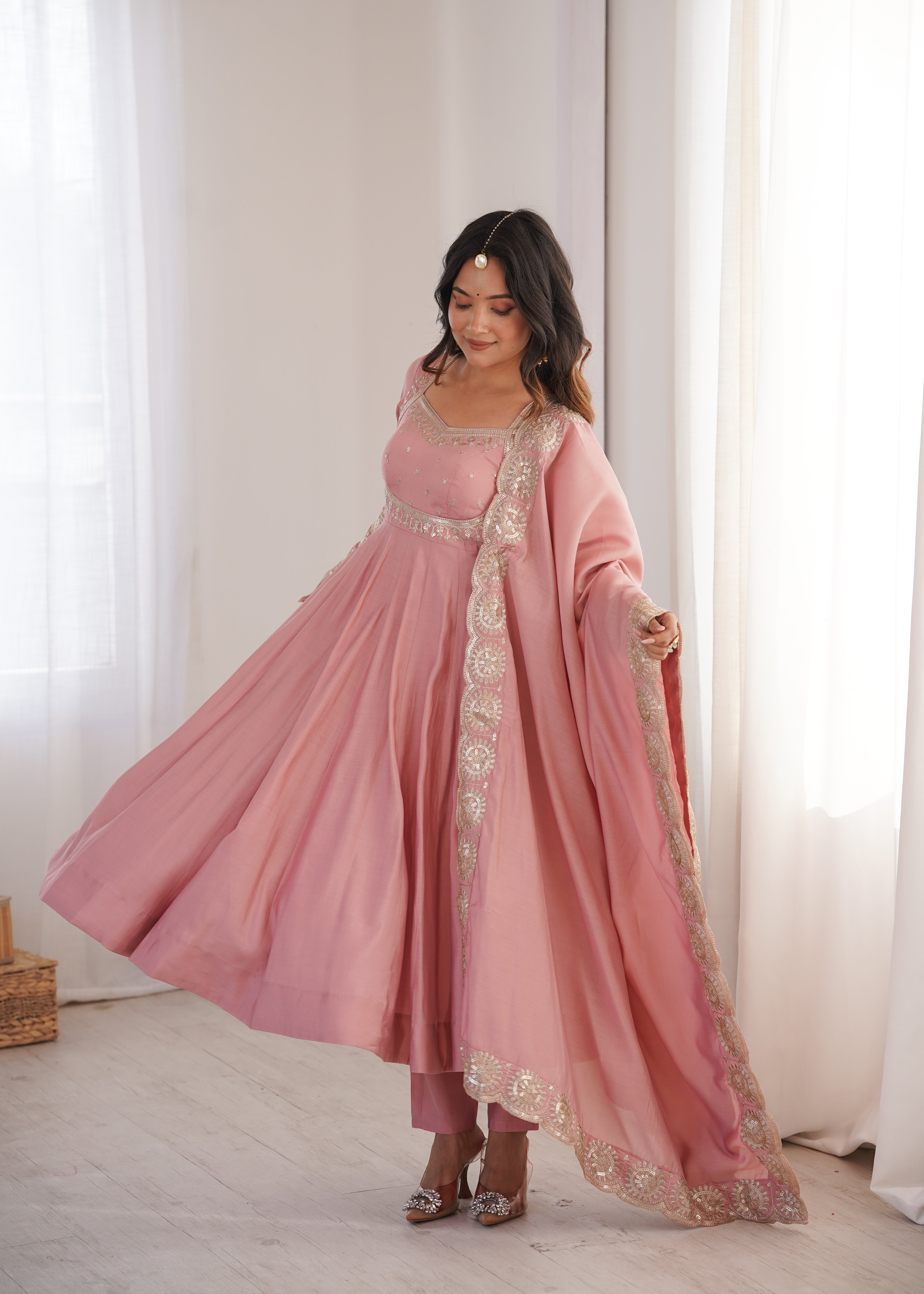 Peach Pink  Embroidered Sequence Designer Anarkali