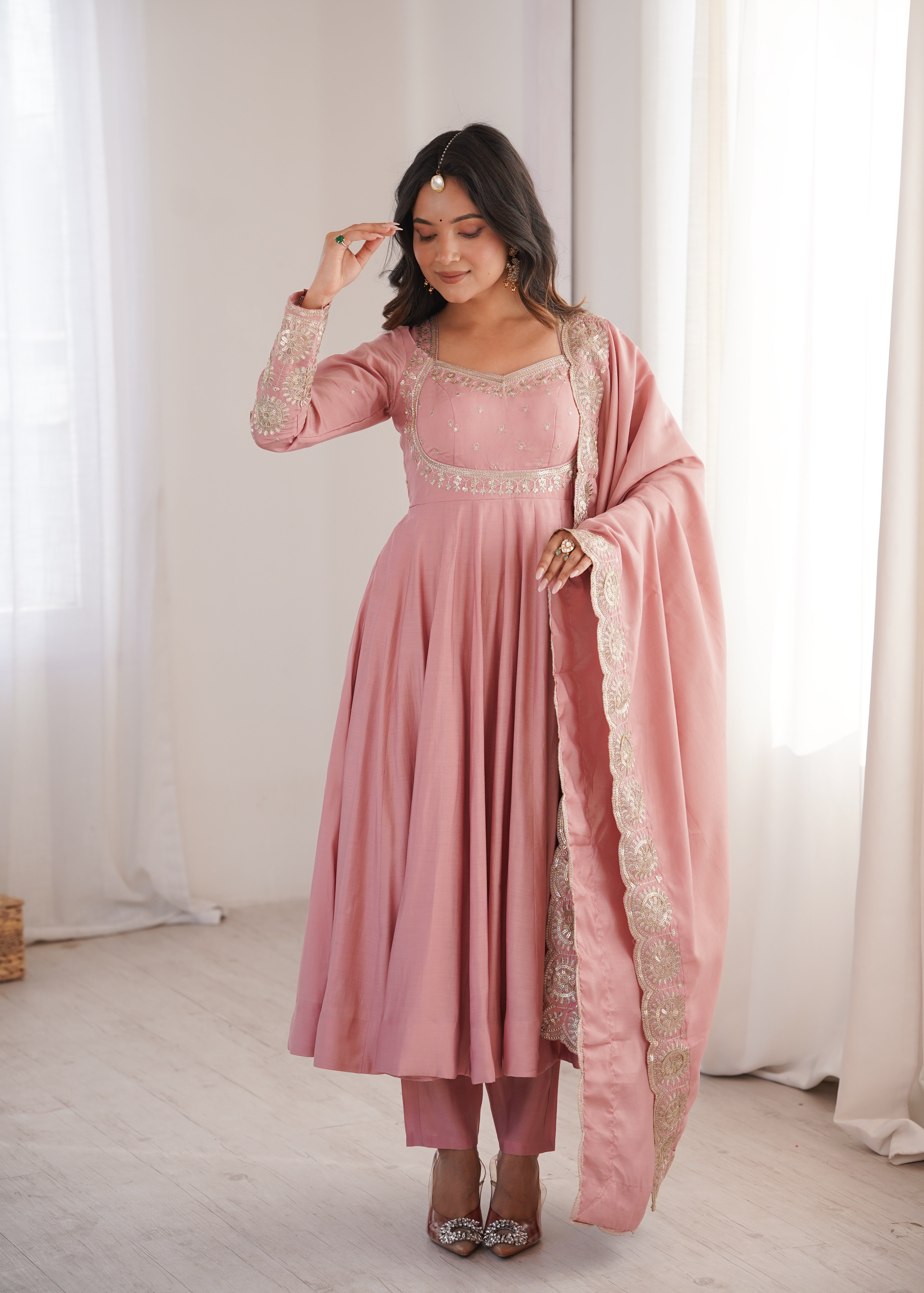 Peach Pink  Embroidered Sequence Designer Anarkali