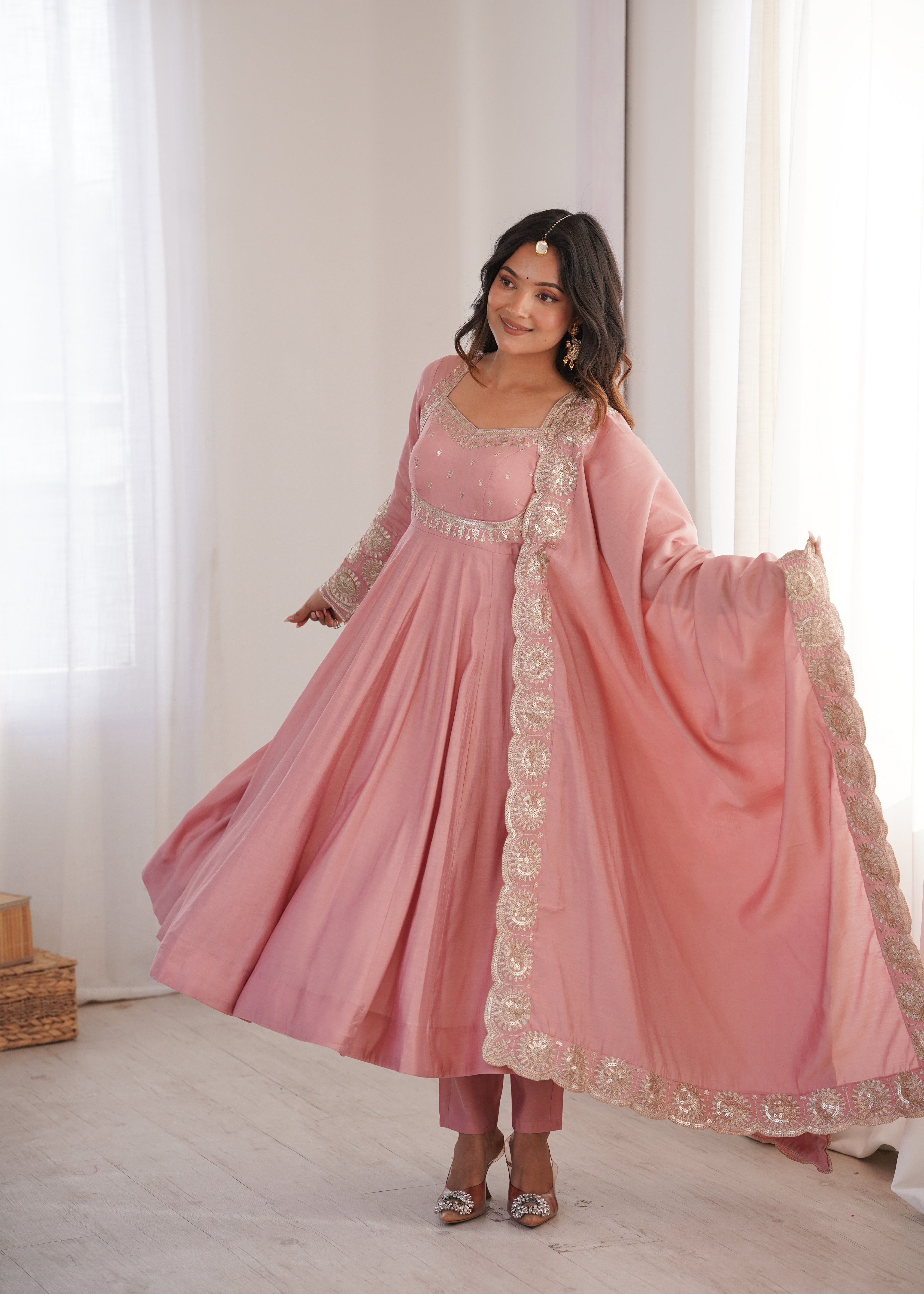 Peach Pink  Embroidered Sequence Designer Anarkali
