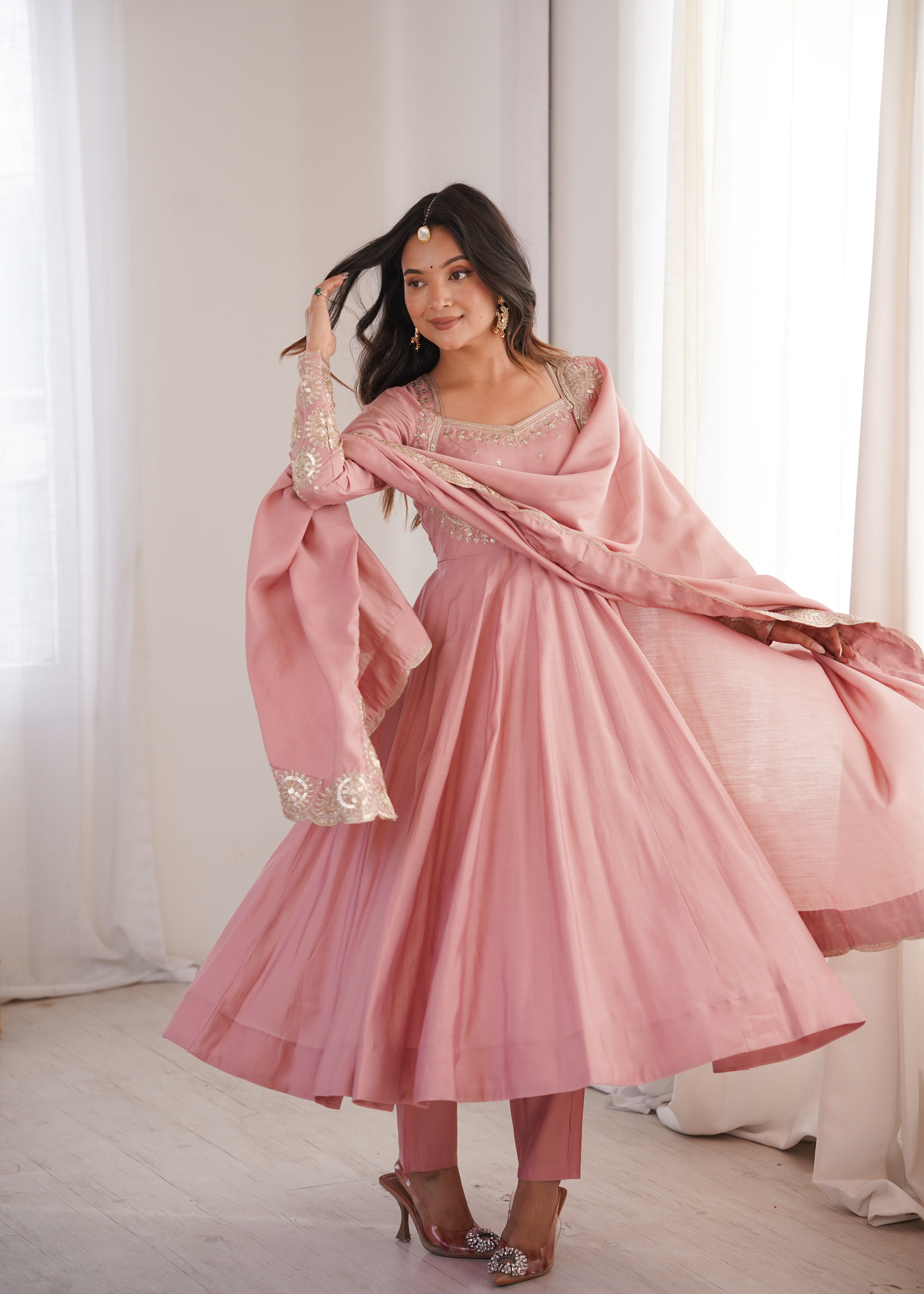 Peach Pink  Embroidered Sequence Designer Anarkali