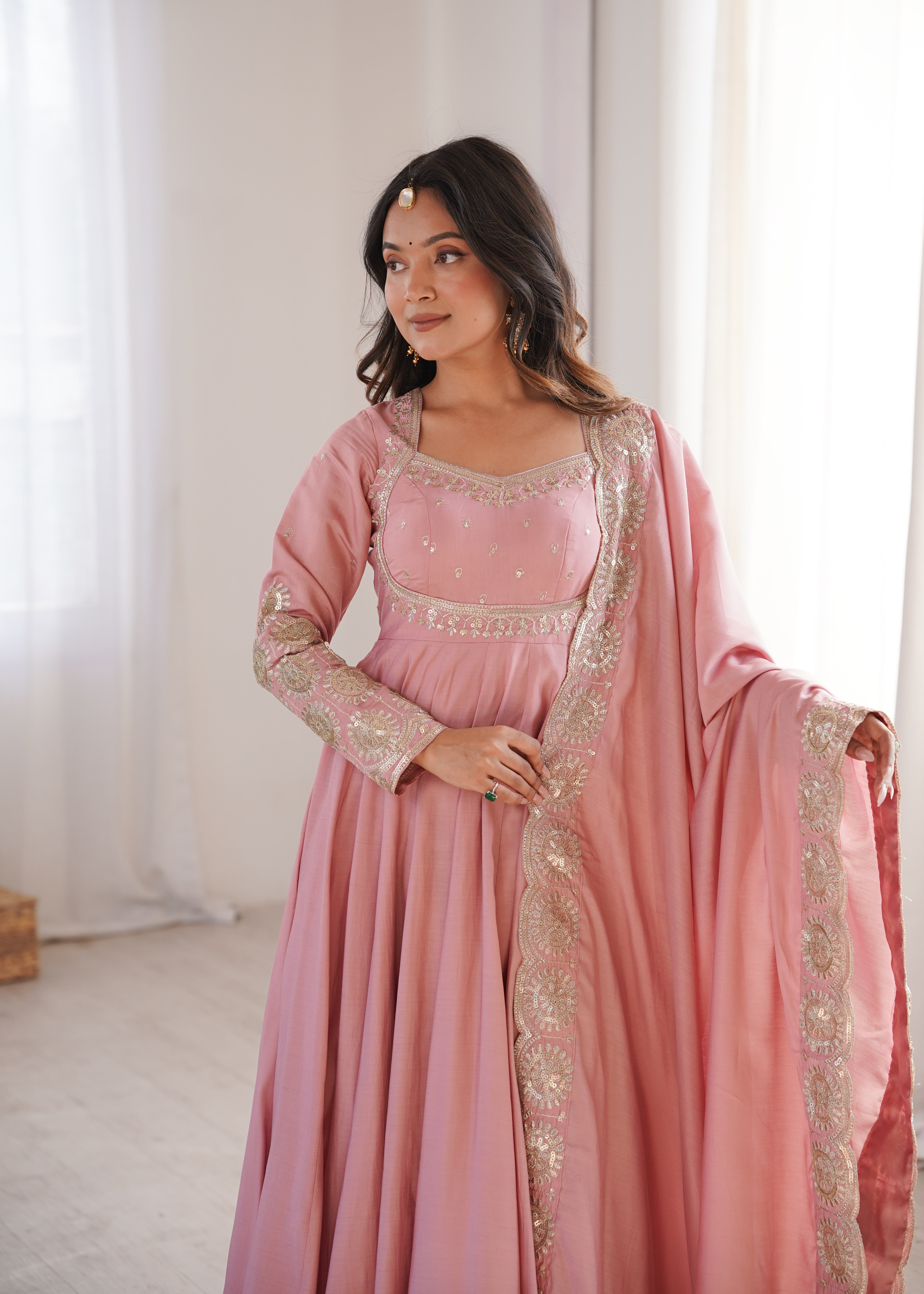 Peach Pink  Embroidered Sequence Designer Anarkali