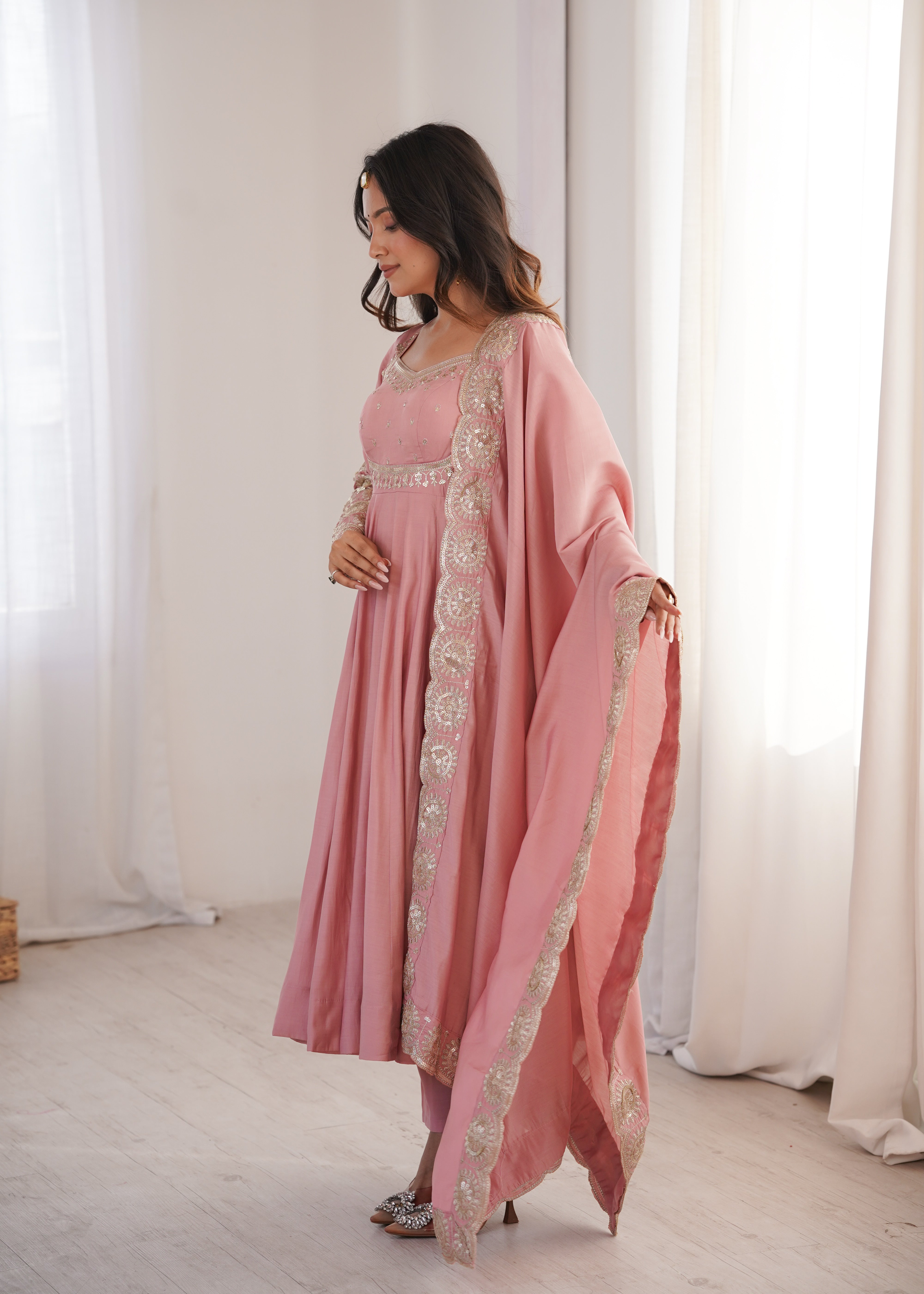 Peach Pink  Embroidered Sequence Designer Anarkali