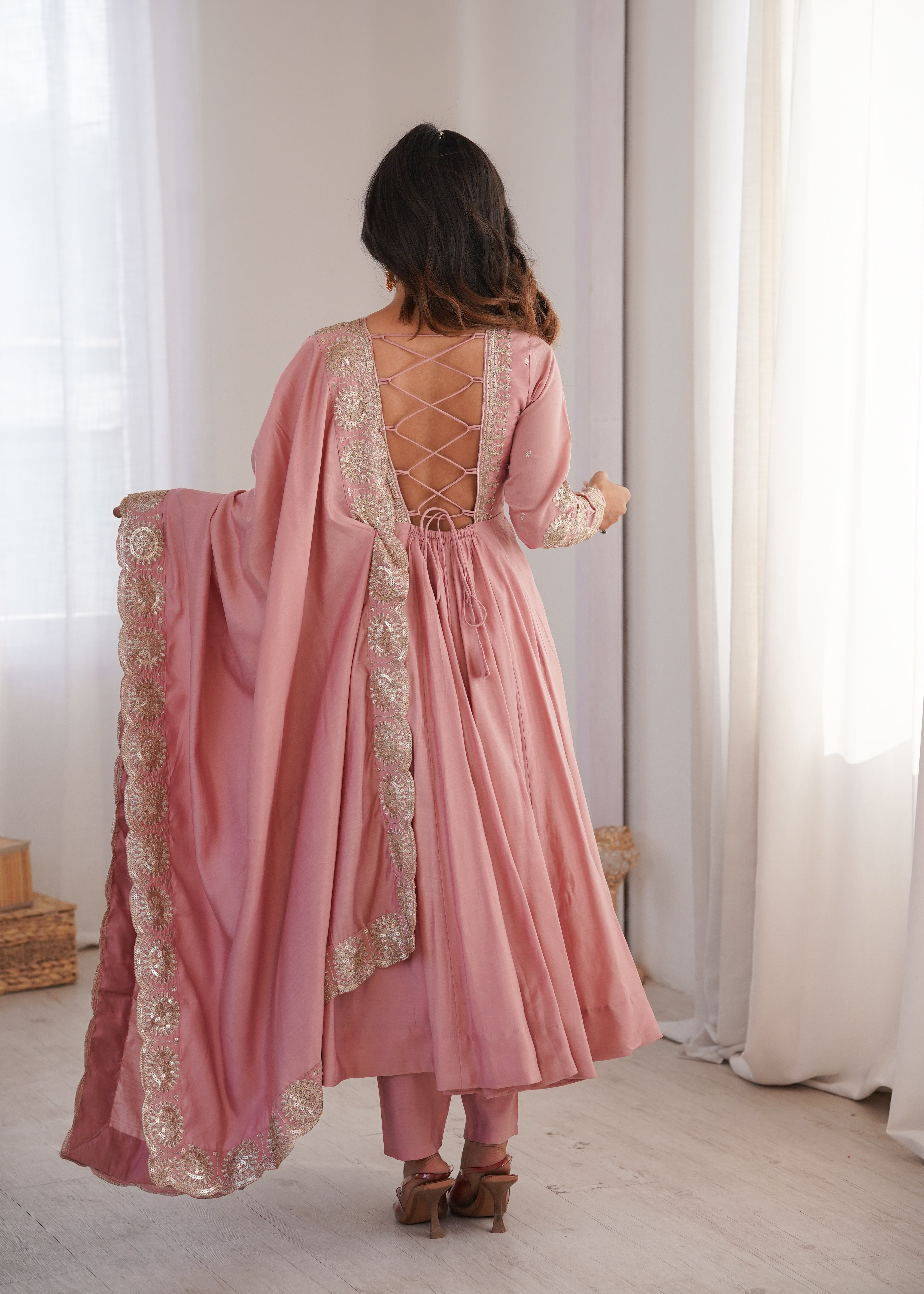 Peach Pink  Embroidered Sequence Designer Anarkali