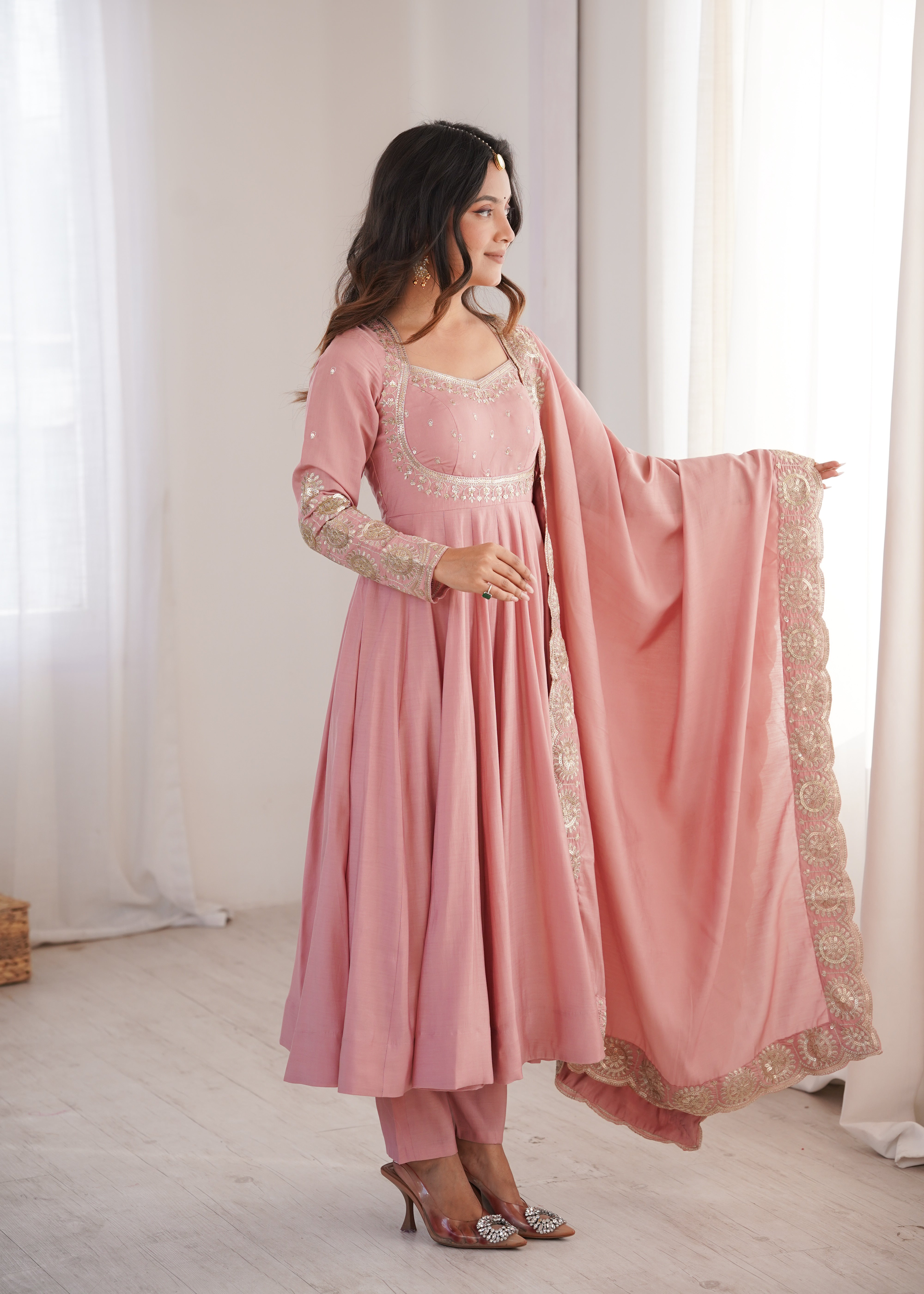 Peach Pink  Embroidered Sequence Designer Anarkali