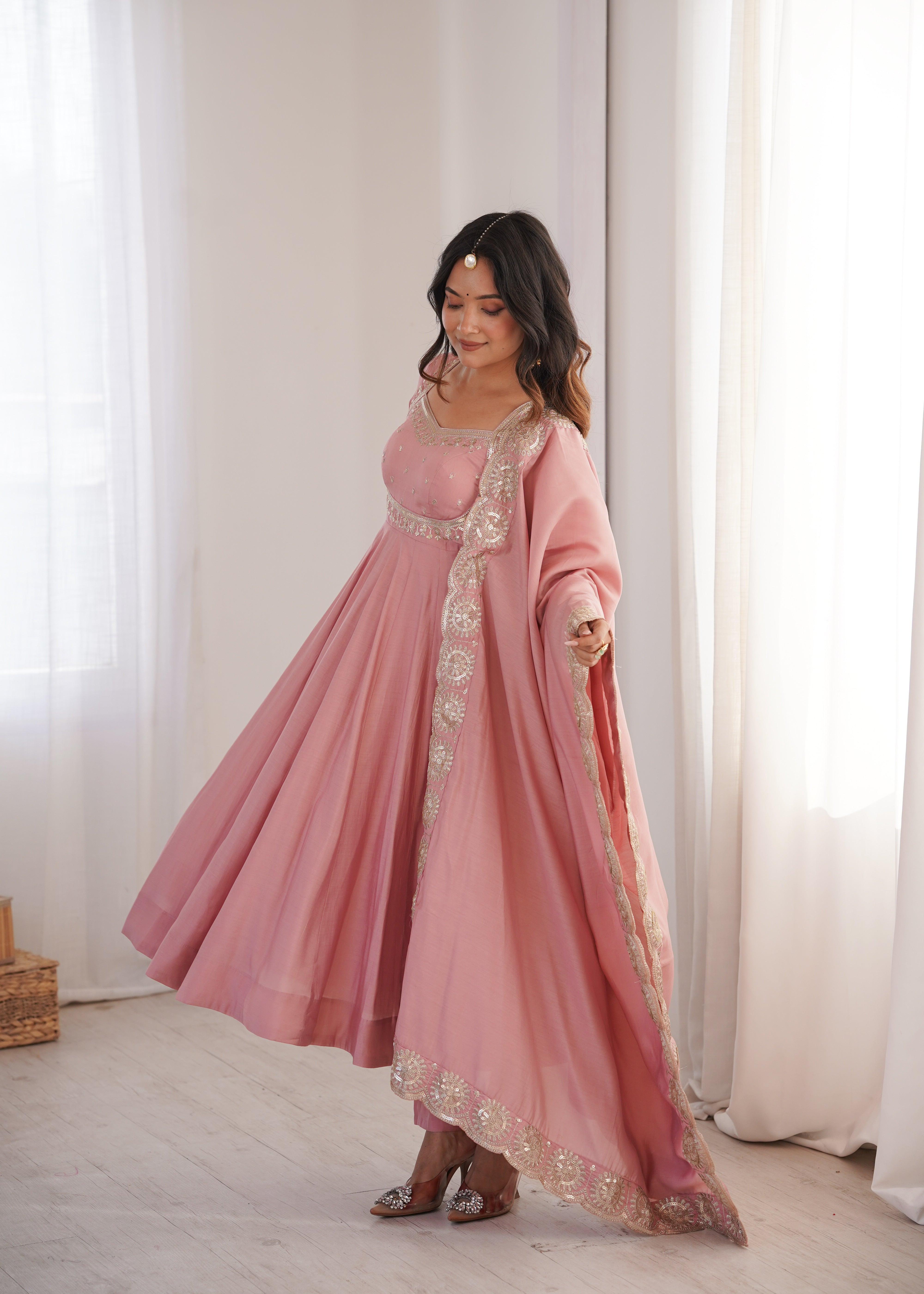 Peach Pink  Embroidered Sequence Designer Anarkali
