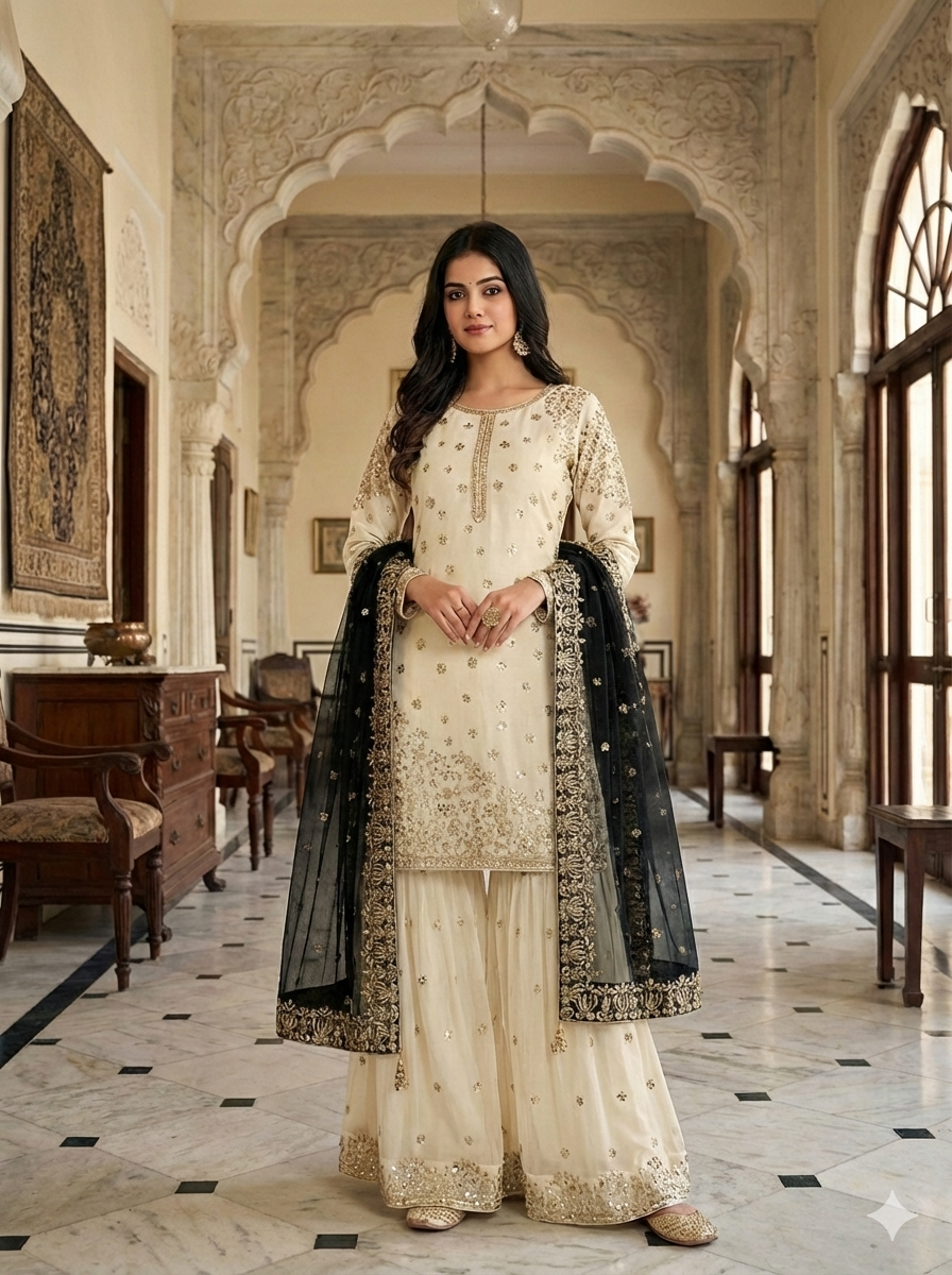 Cream-Colored Fendy Silk Gharara Suit
