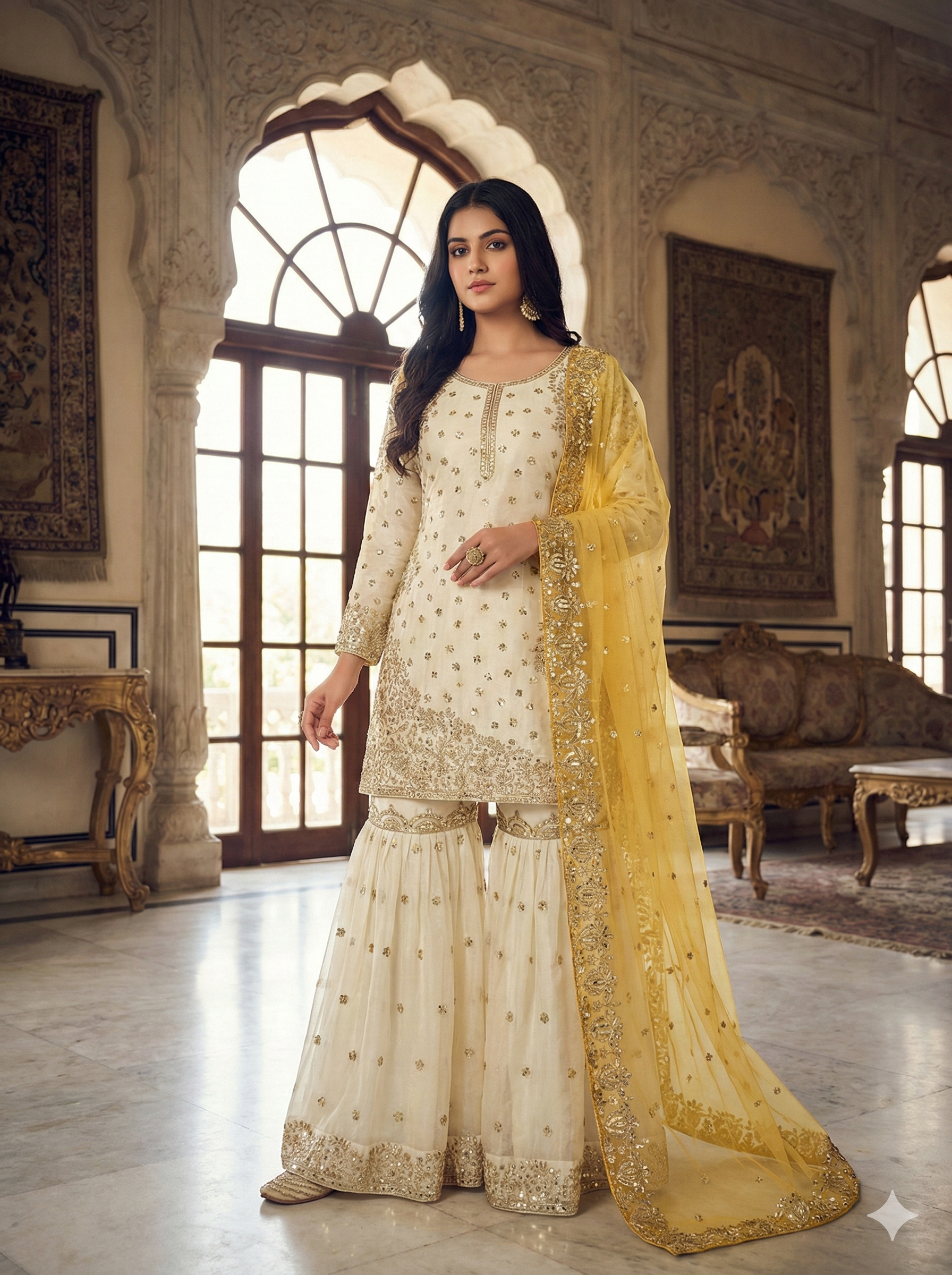 Cream-Colored Fendy Silk Gharara Suit