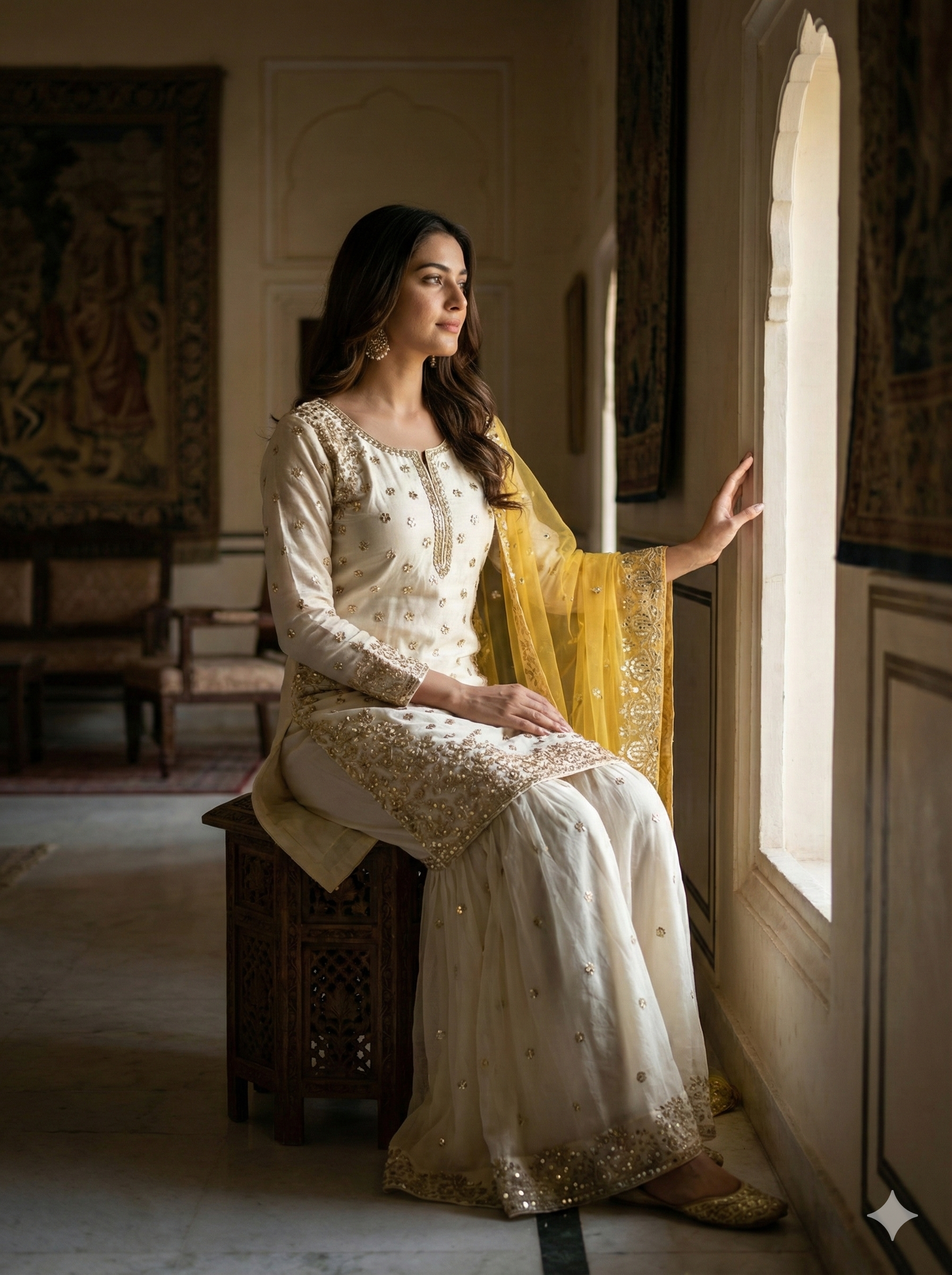Cream-Colored Fendy Silk Gharara Suit