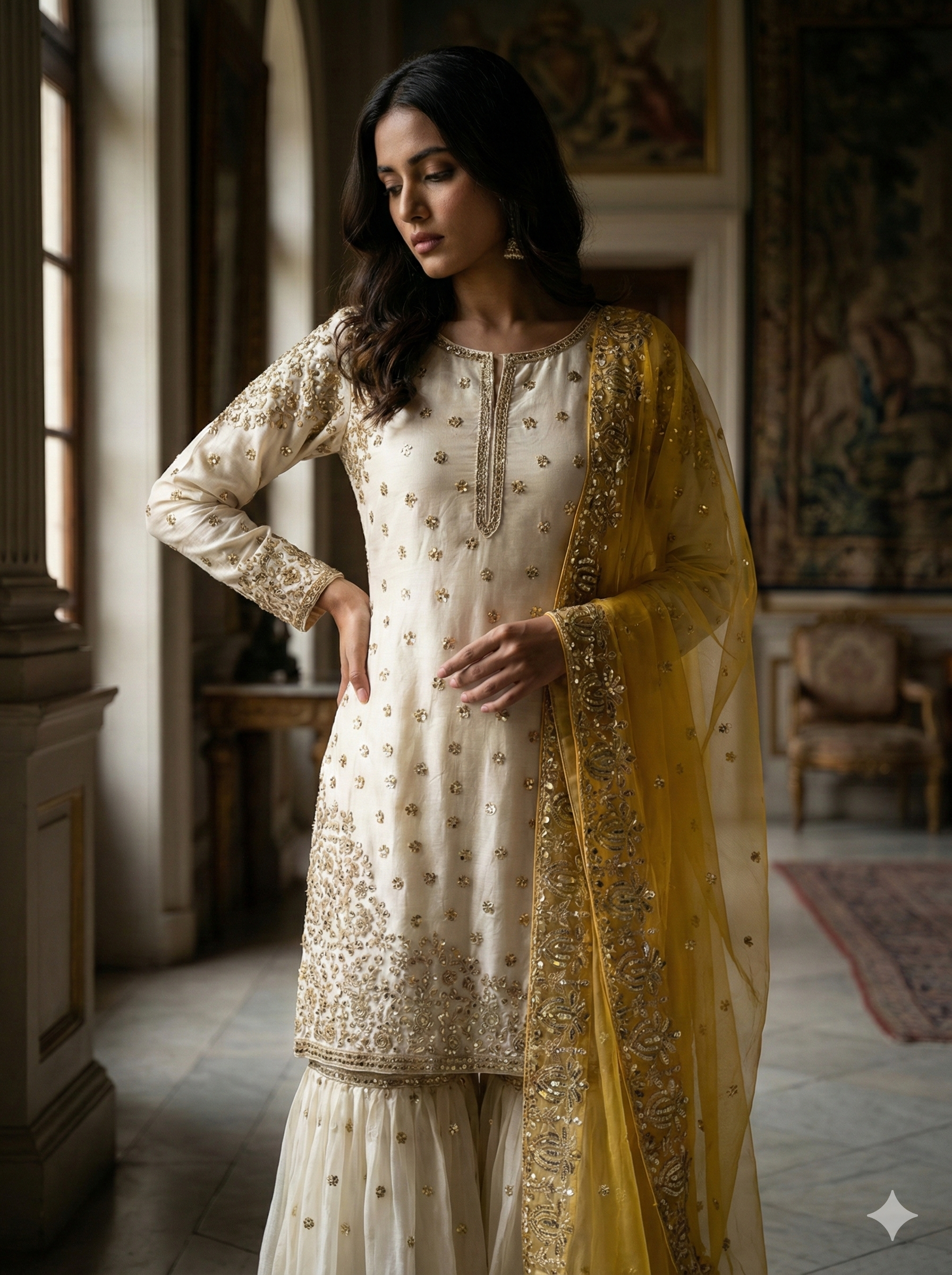 Cream-Colored Fendy Silk Gharara Suit