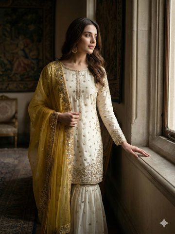 Cream-Colored Fendy Silk Gharara Suit