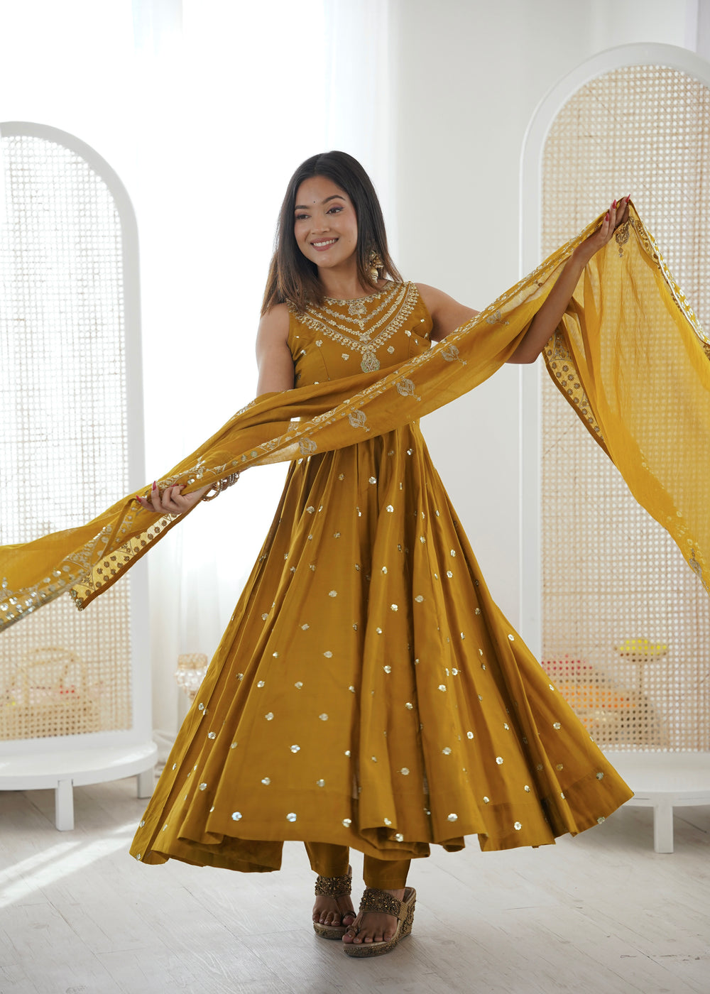 Silk Anarkali Gown Set Featuring Intricate Mirror-Work Embroidery