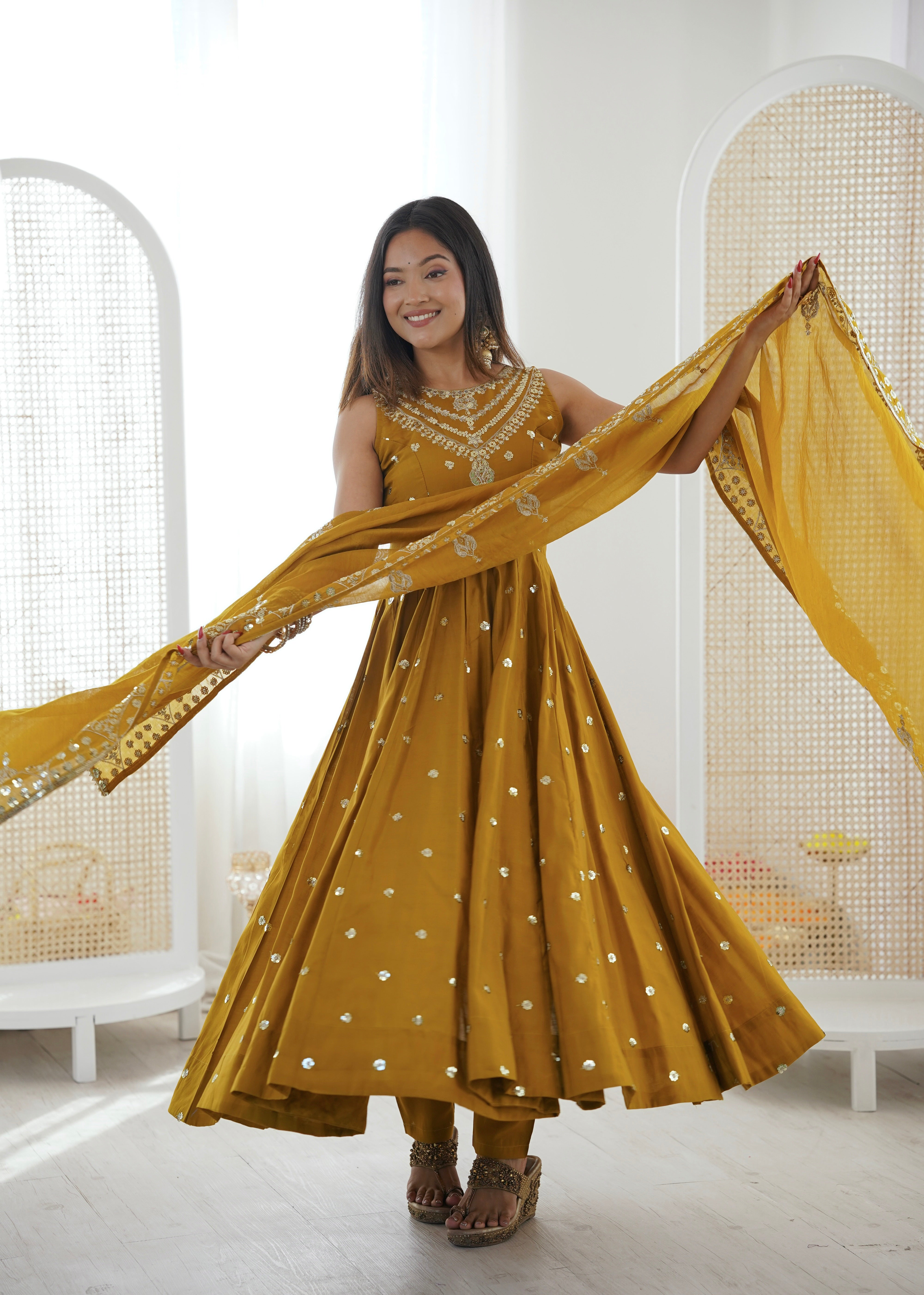 Silk Anarkali Gown Set Featuring Intricate Mirror-Work Embroidery