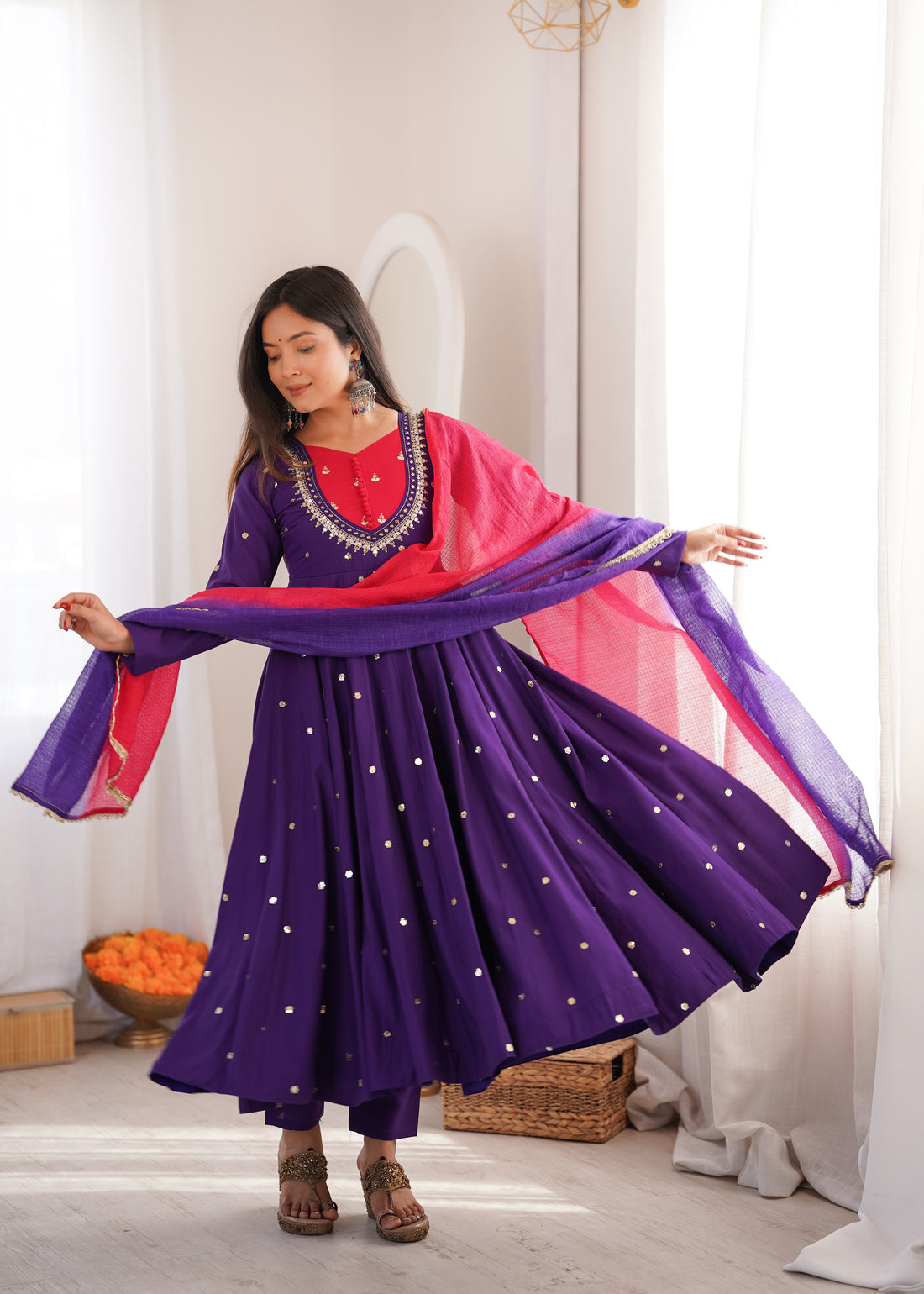 Purple Roman Silk mirror work Anarkali suit