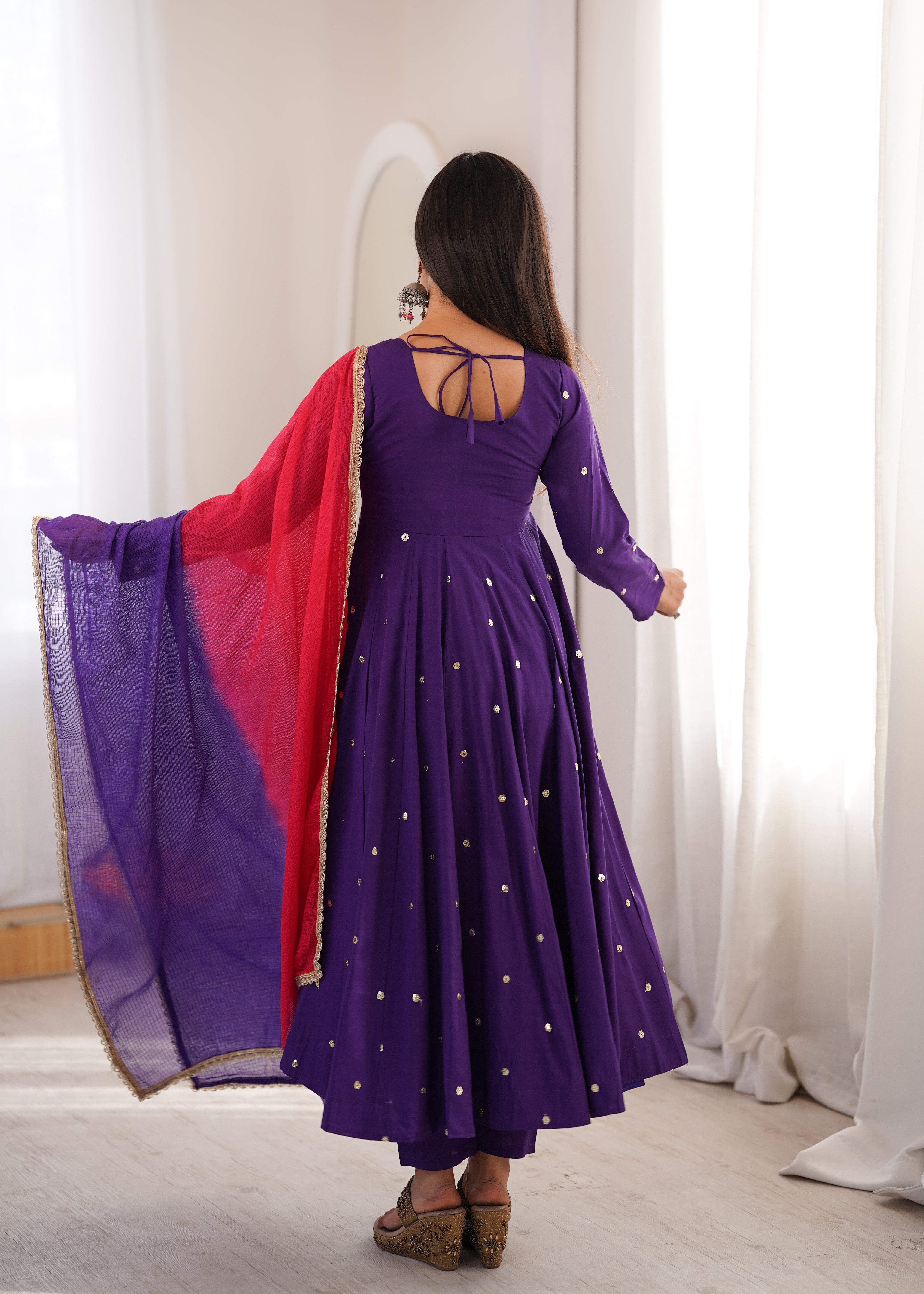 Purple Roman Silk mirror work Anarkali suit
