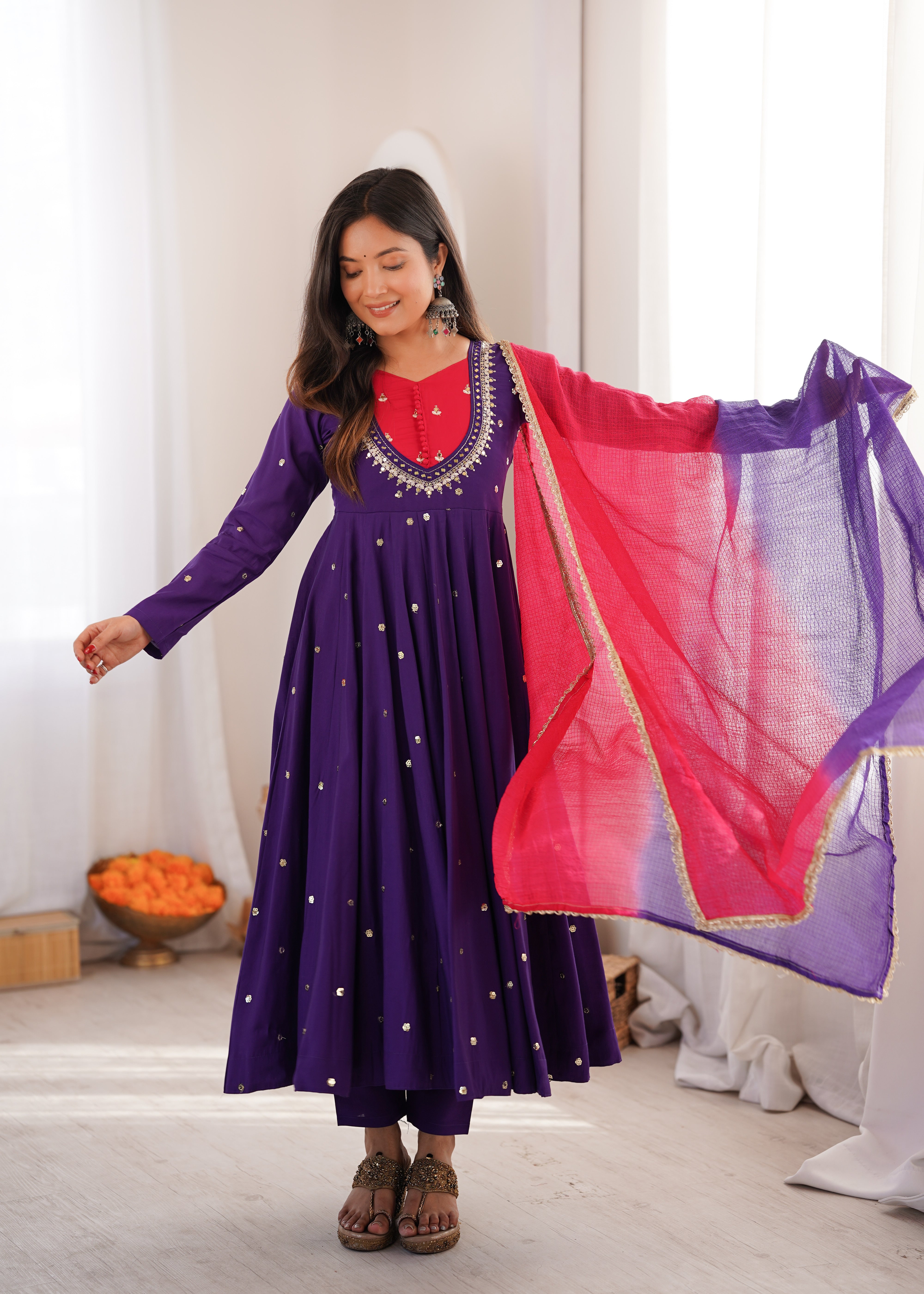 Purple Roman Silk mirror work Anarkali suit