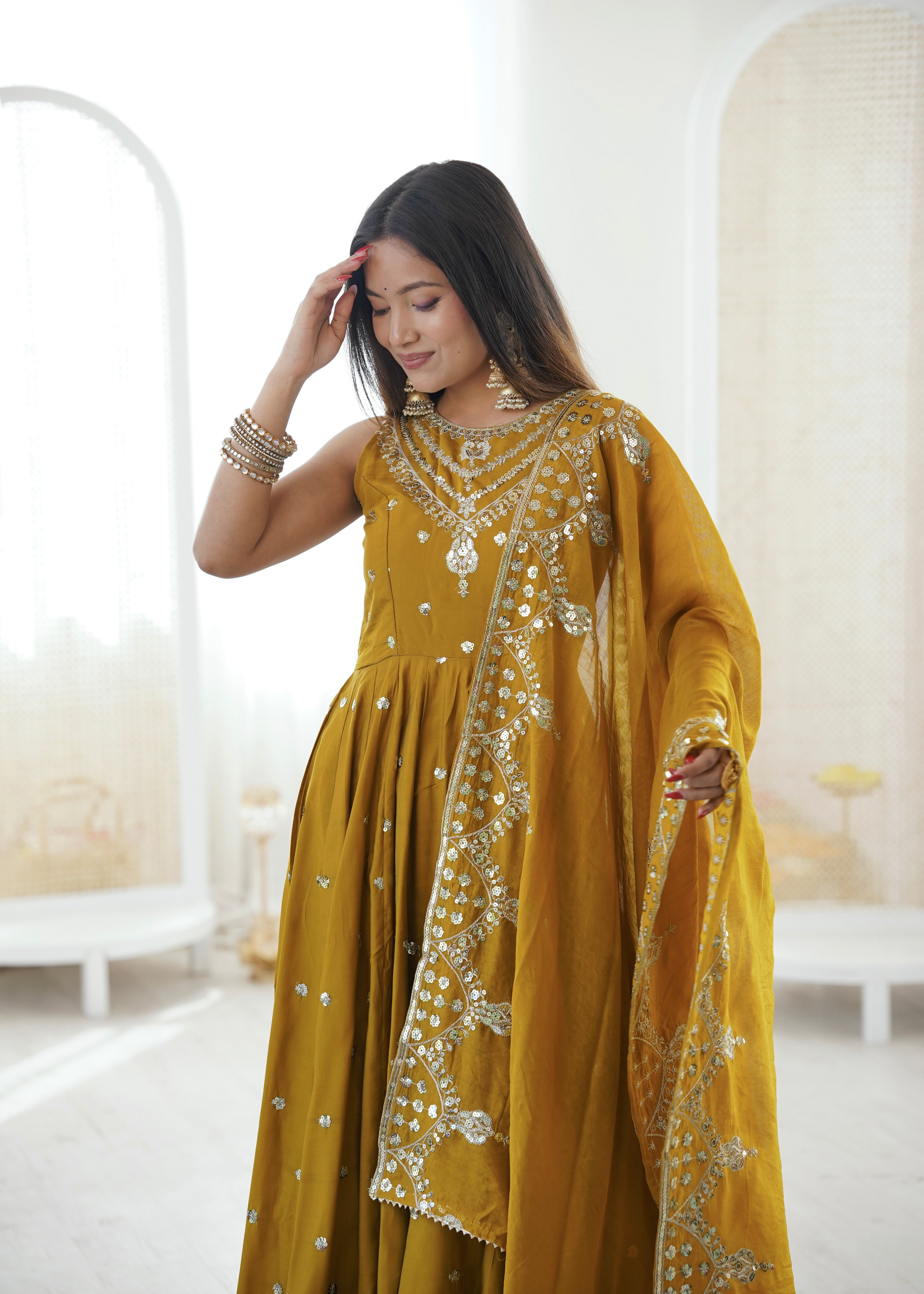 Silk Anarkali Gown Set Featuring Intricate Mirror-Work Embroidery