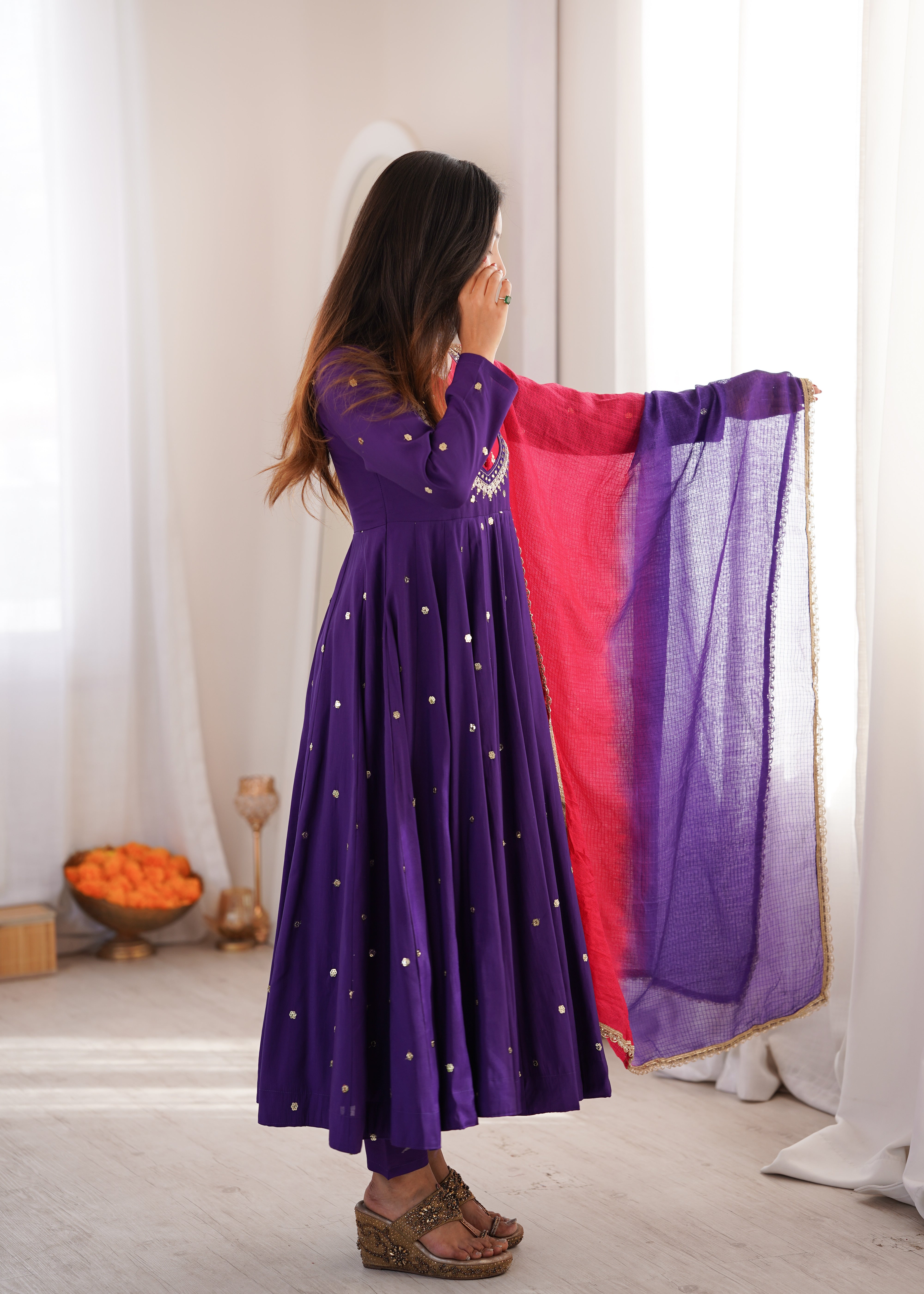 Purple Roman Silk mirror work Anarkali suit