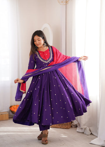 Purple Roman Silk mirror work Anarkali suit