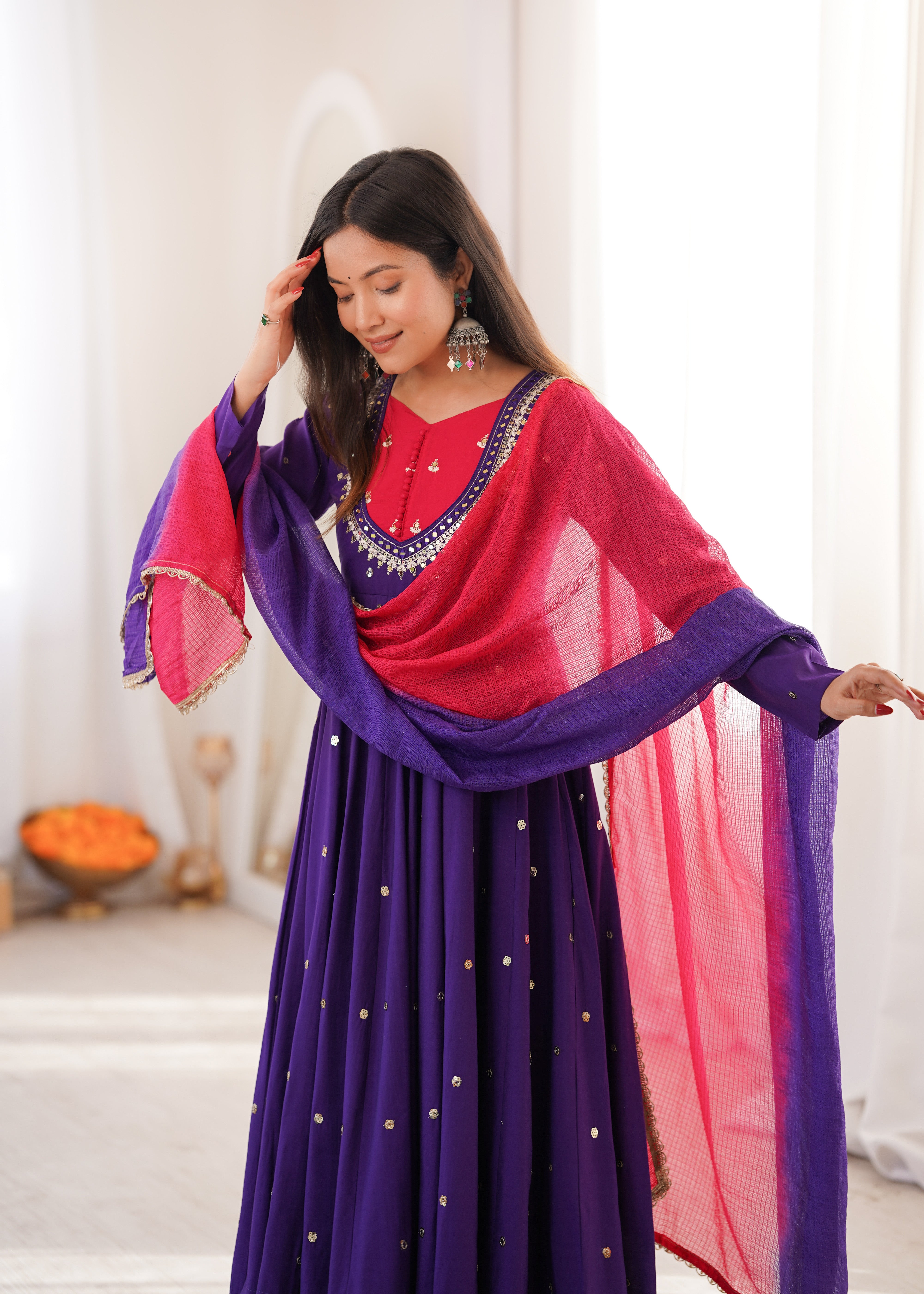 Purple Roman Silk mirror work Anarkali suit