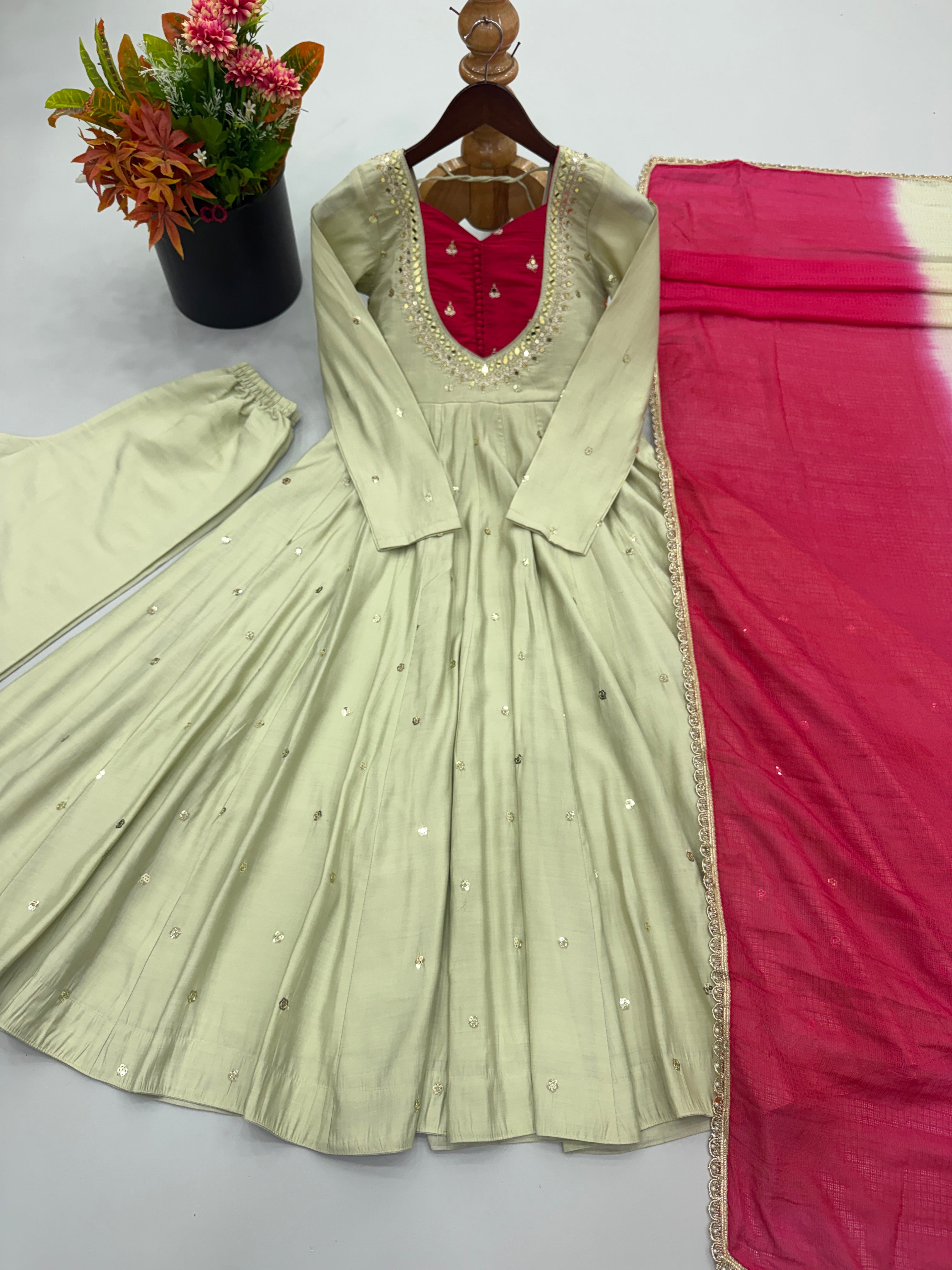 Pista Green Roman Silk mirror work Anarkali suit