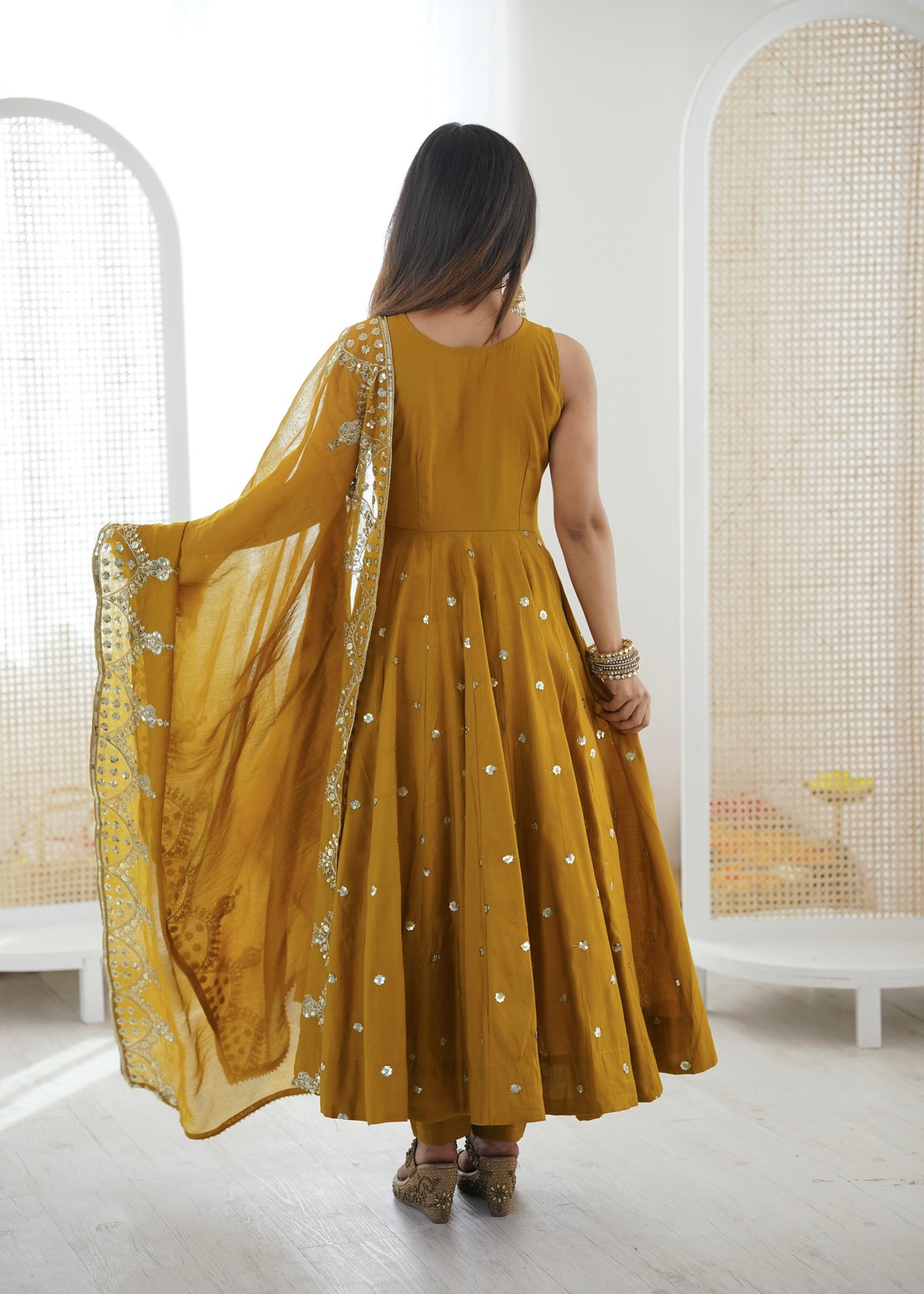 Silk Anarkali Gown Set Featuring Intricate Mirror-Work Embroidery