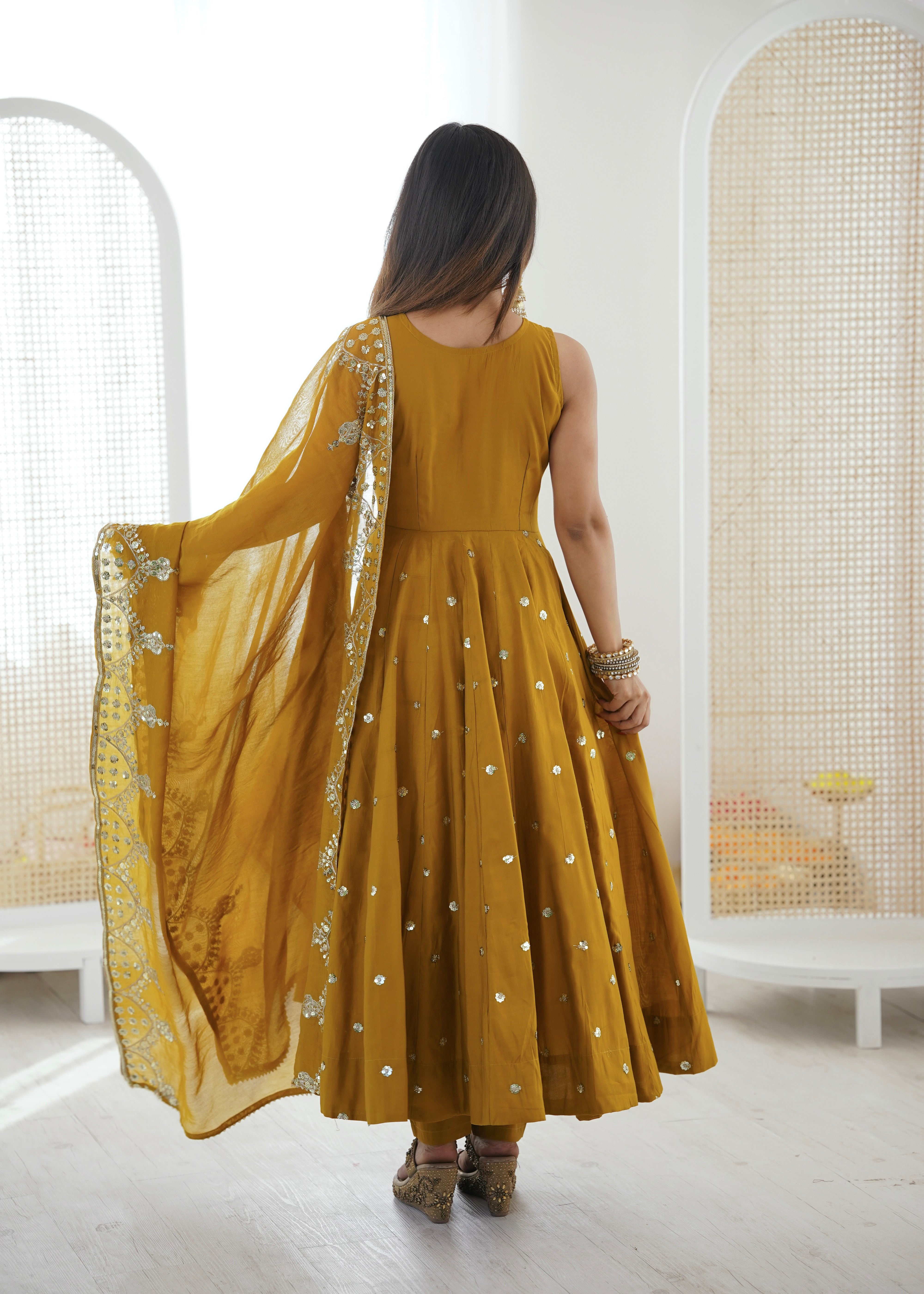 Silk Anarkali Gown Set Featuring Intricate Mirror-Work Embroidery