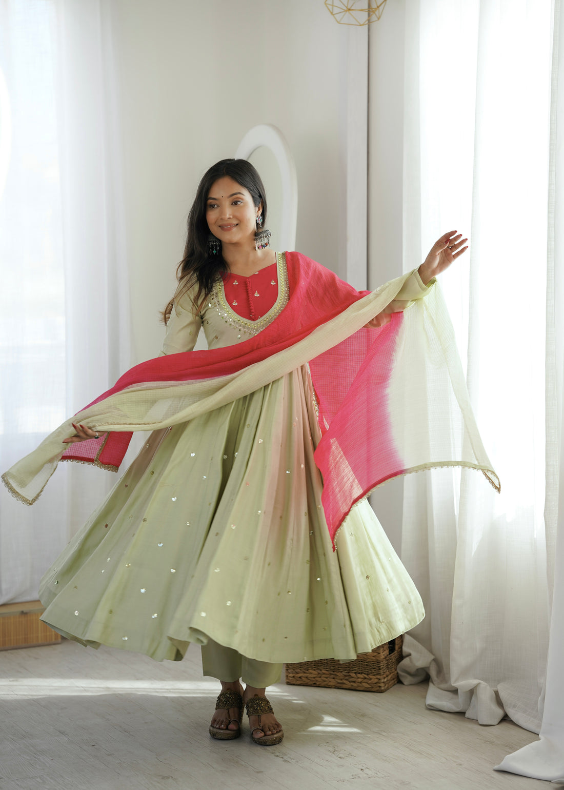 Pista Green Roman Silk mirror work Anarkali suit