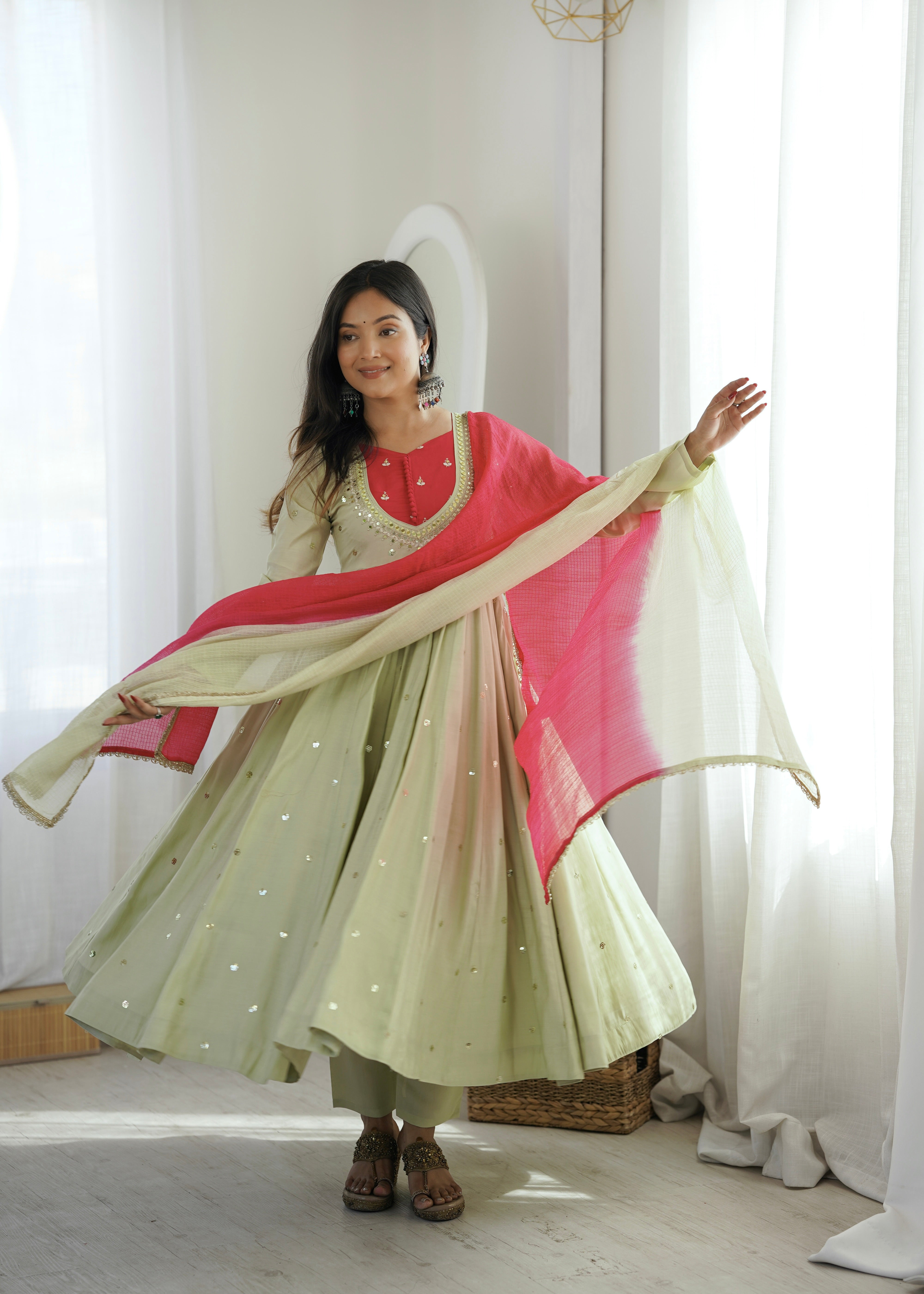Pista Green Roman Silk mirror work Anarkali suit
