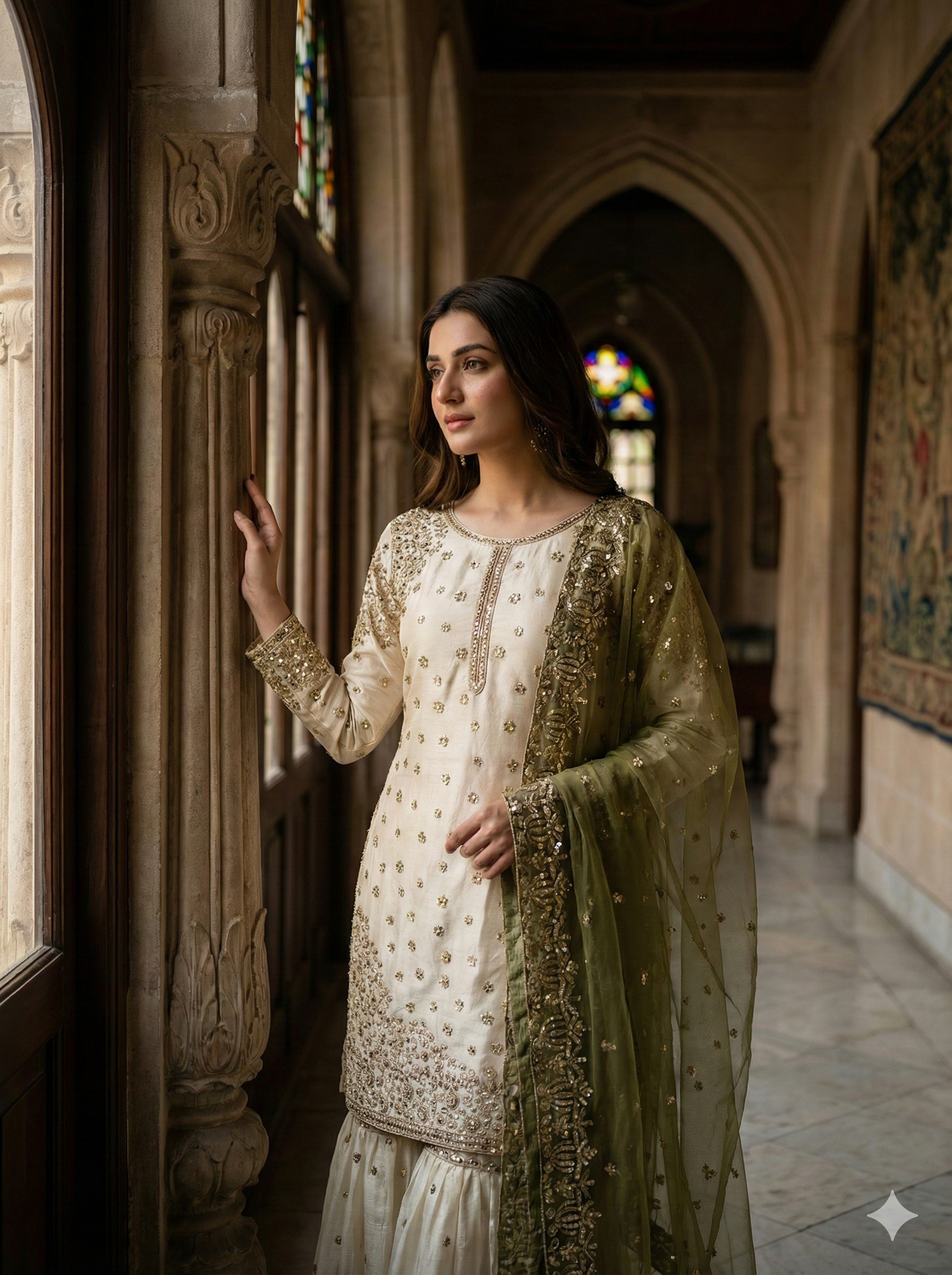 Cream-Colored Fendy Silk Gharara Suit