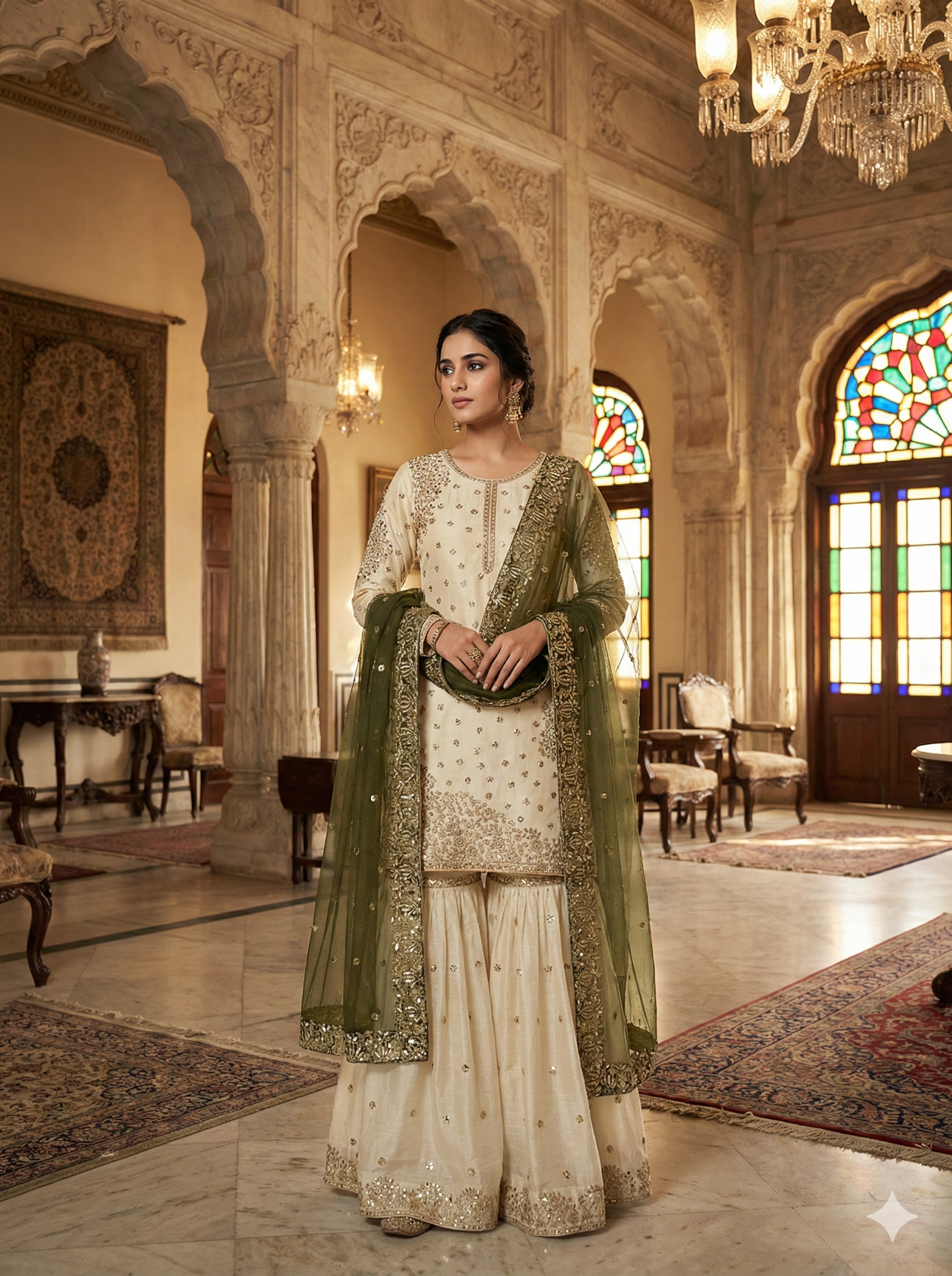 Cream-Colored Fendy Silk Gharara Suit