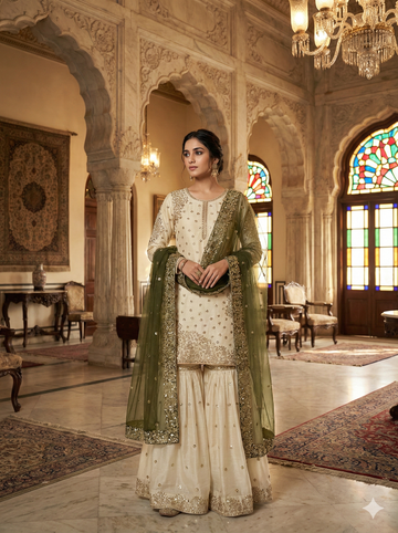 Cream-Colored Fendy Silk Gharara Suit