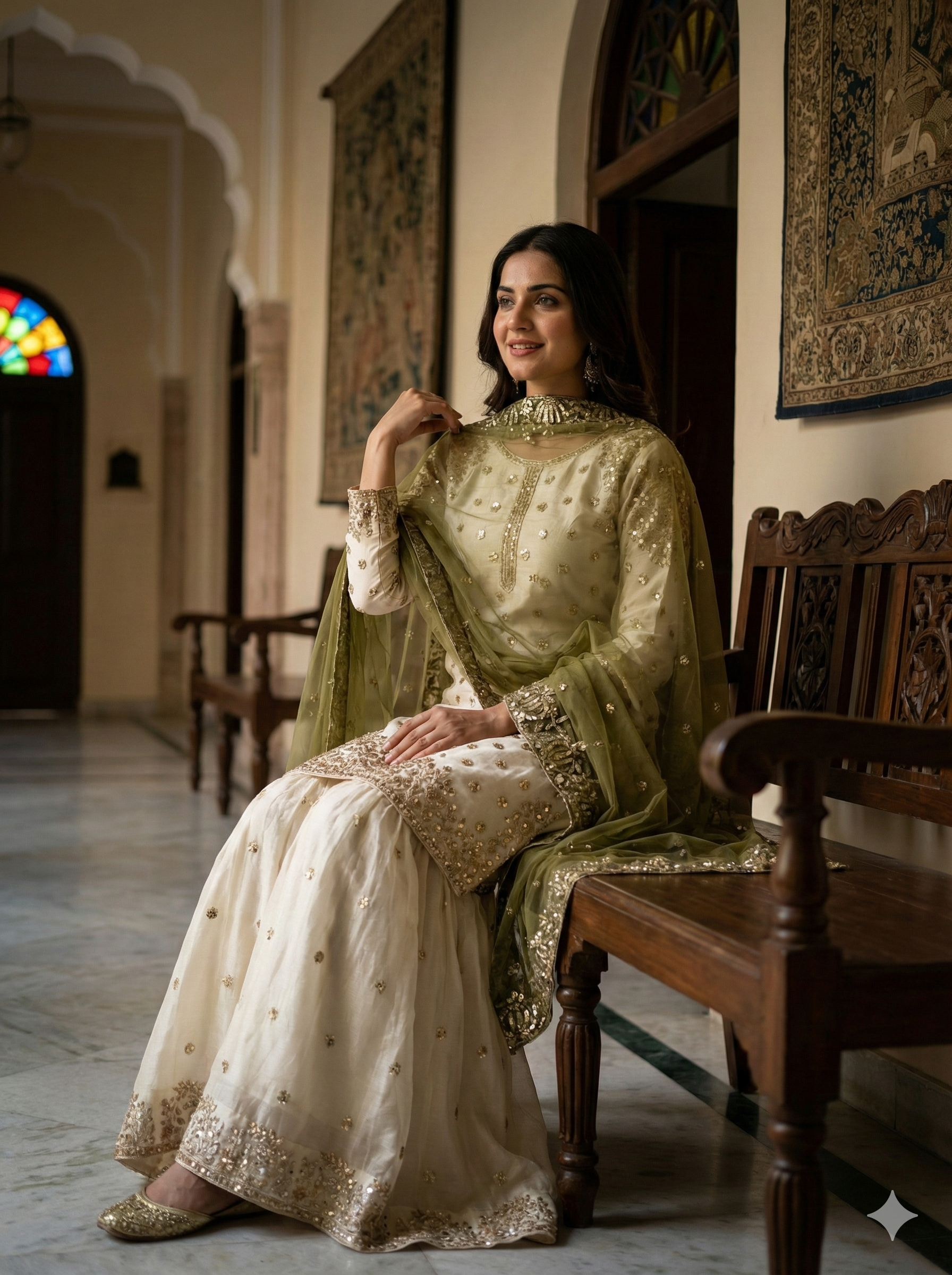 Cream-Colored Fendy Silk Gharara Suit