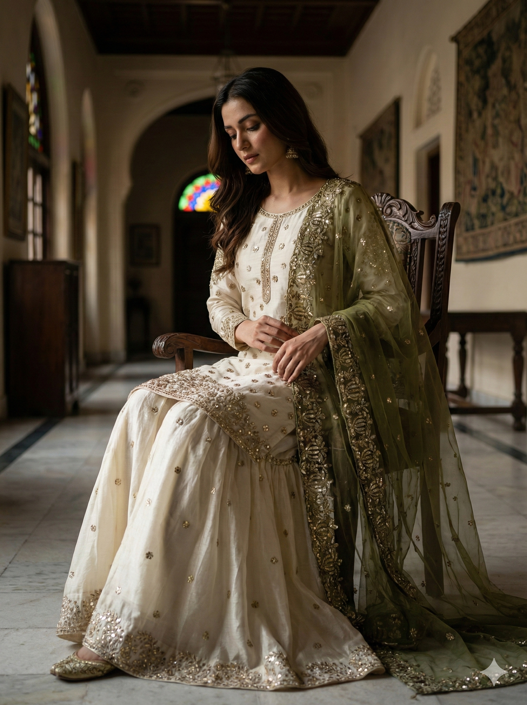 Cream-Colored Fendy Silk Gharara Suit