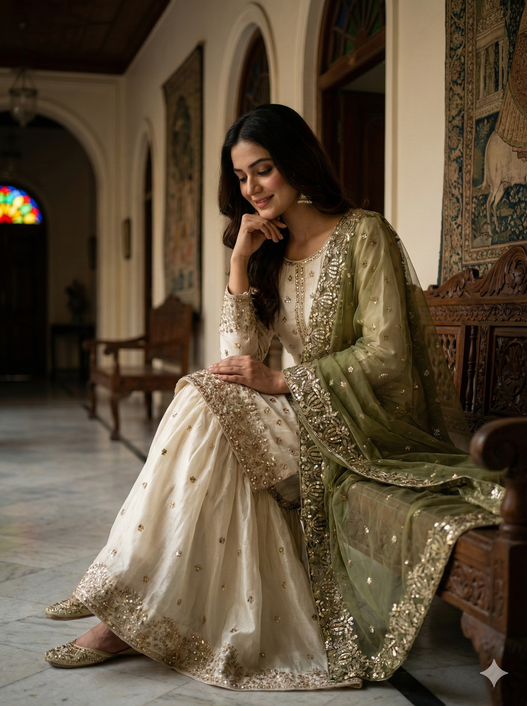 Cream-Colored Fendy Silk Gharara Suit