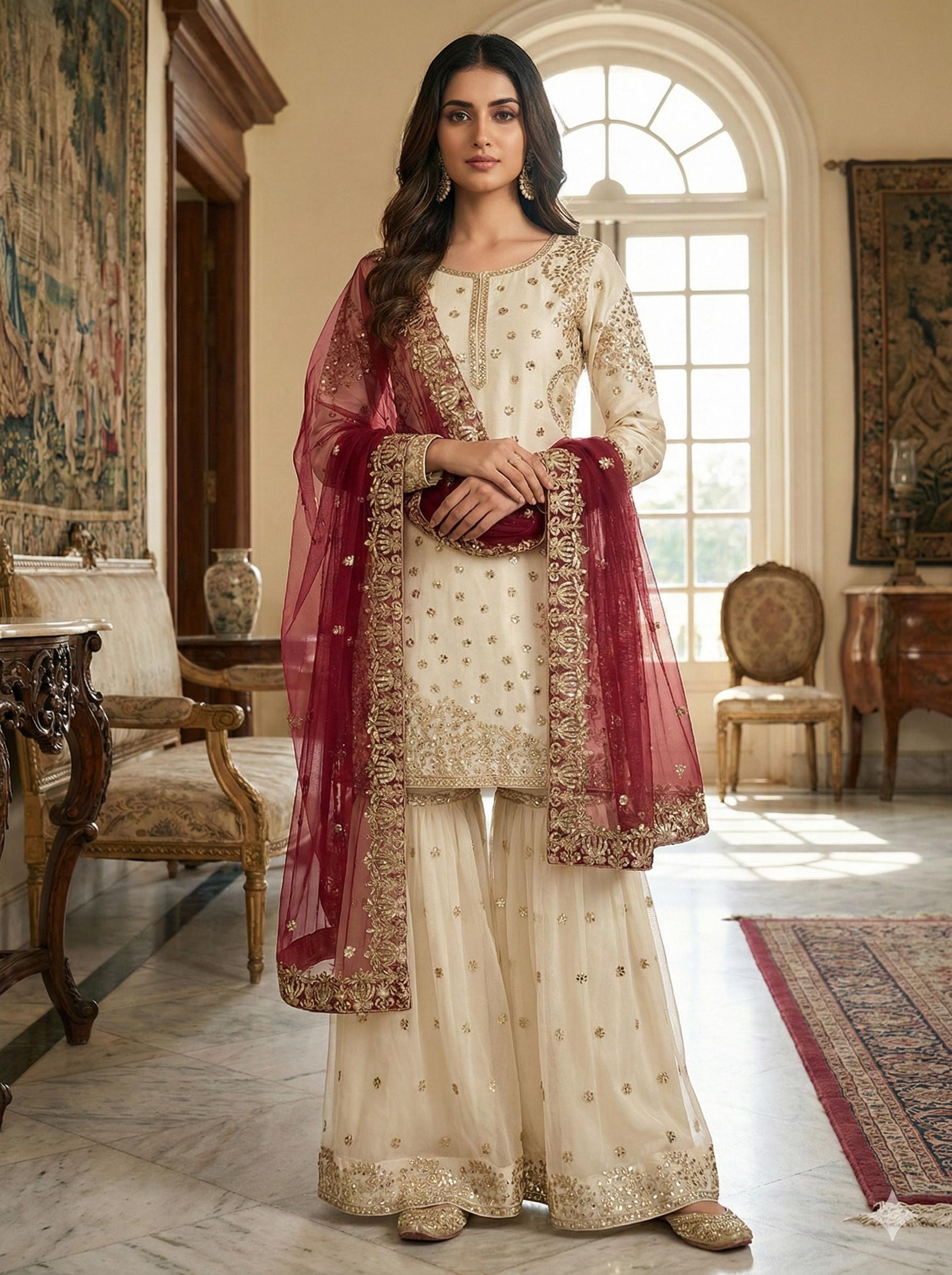 Cream-Colored Fendy Silk Gharara Suit