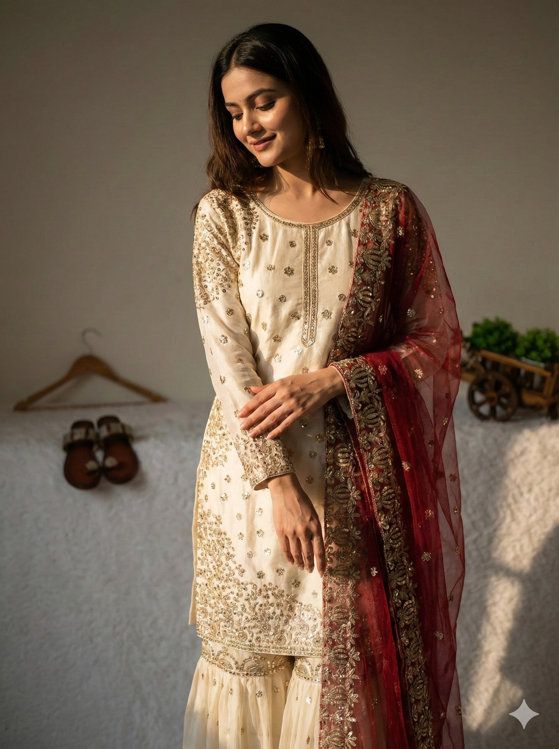Cream-Colored Fendy Silk Gharara Suit