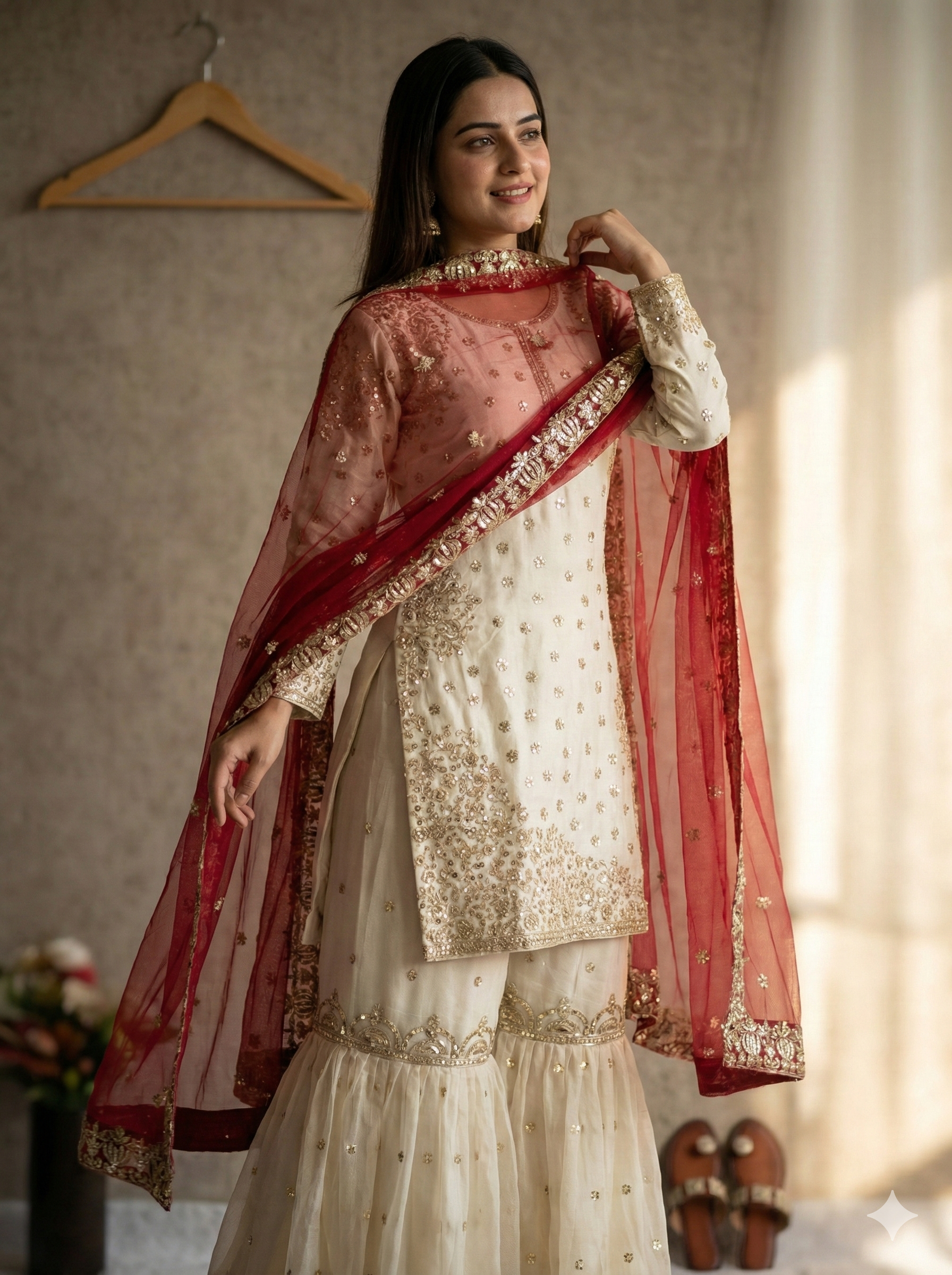 Cream-Colored Fendy Silk Gharara Suit