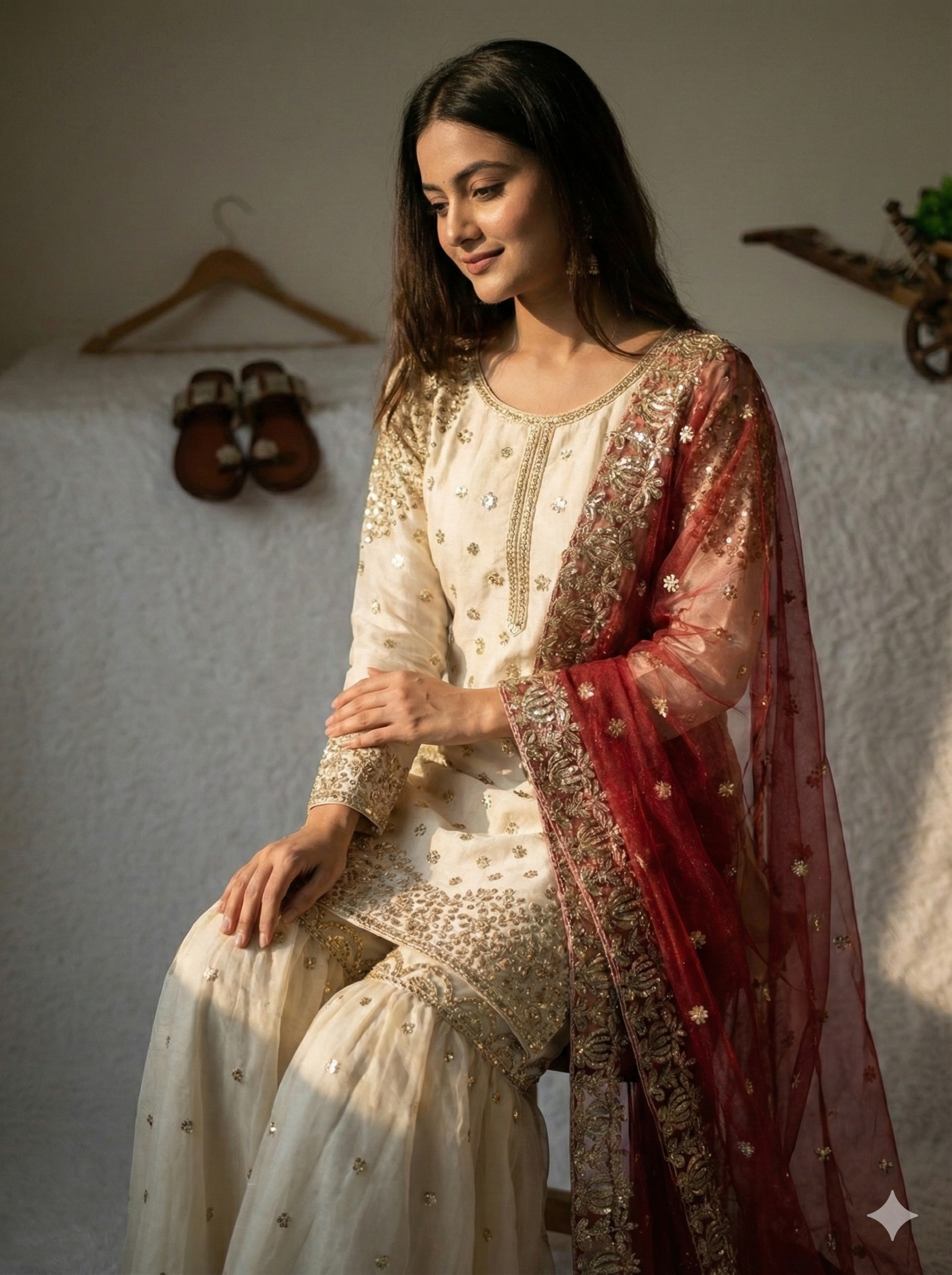 Cream-Colored Fendy Silk Gharara Suit