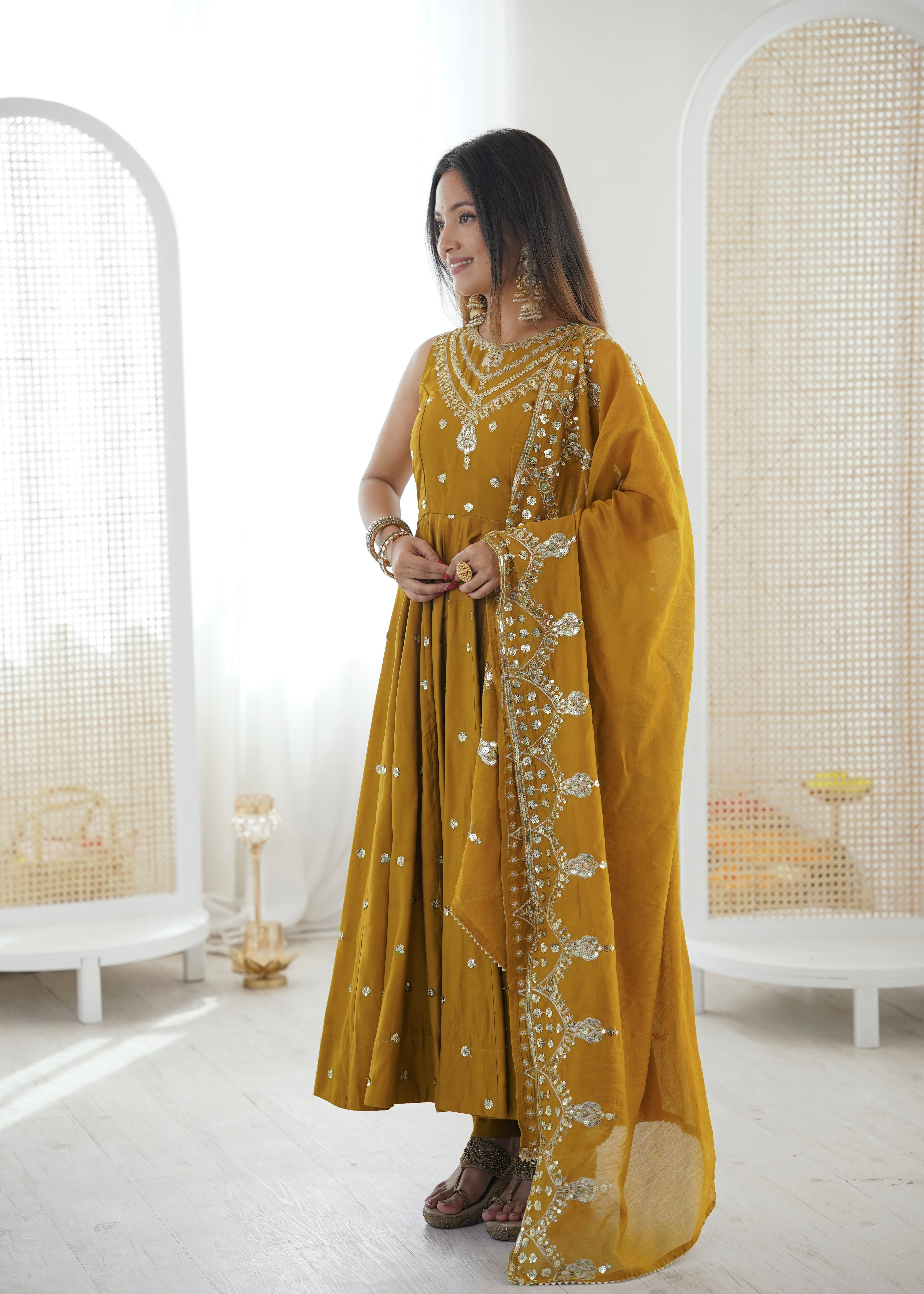 Silk Anarkali Gown Set Featuring Intricate Mirror-Work Embroidery