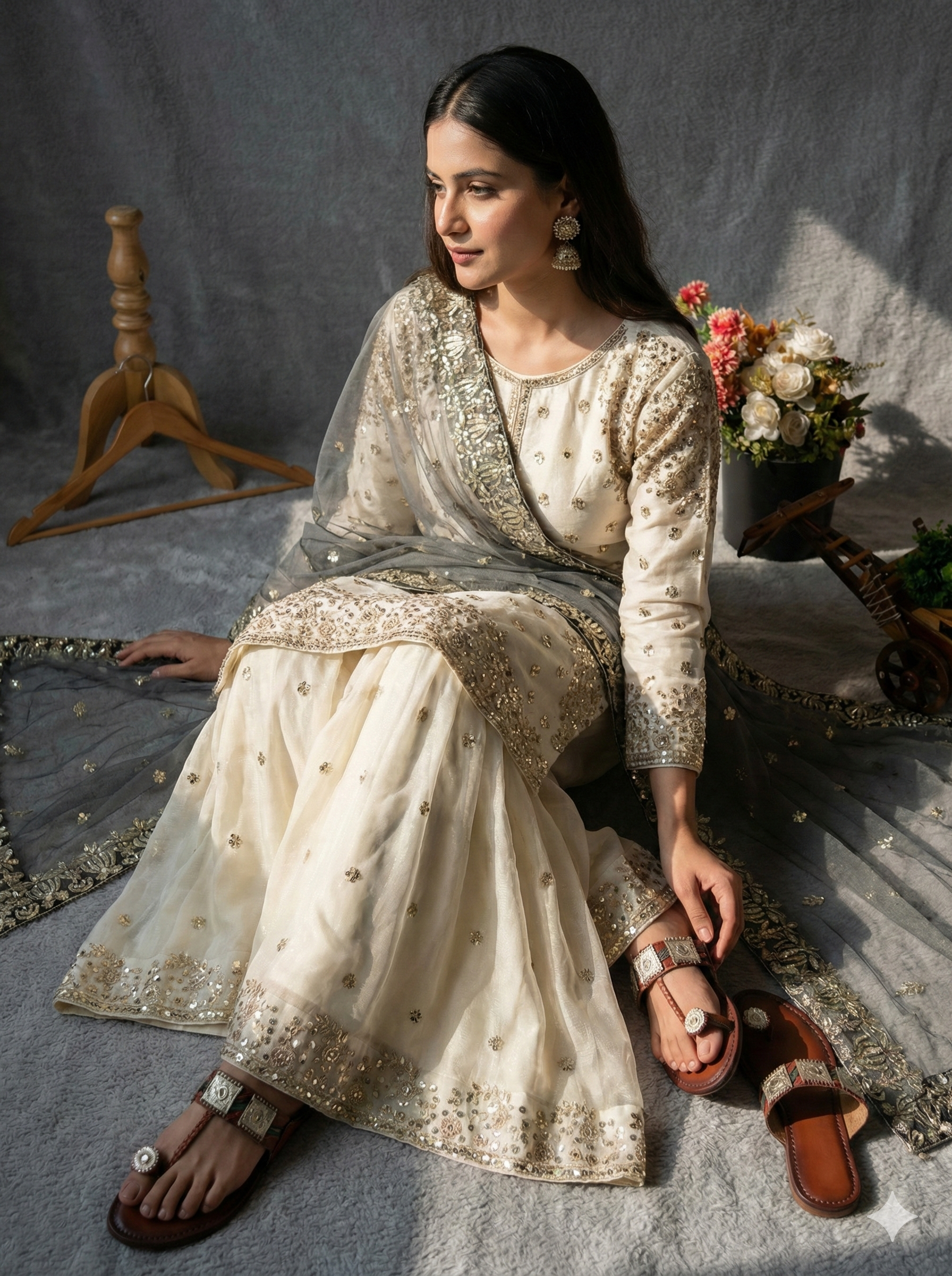 Cream-Colored Fendy Silk Gharara Suit